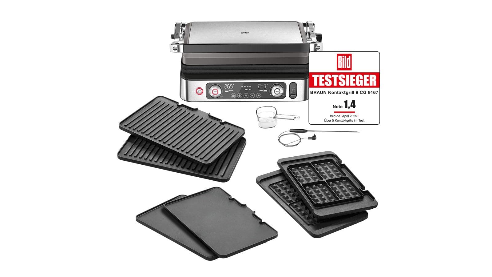 Braun MultiGrill 9 Pro CG 9167, Kontaktgrill mit Grill-, Flach-, Waffelplatten und Temperaturfühler, Grillpositionen: Kontakt, BBQ, Ofen, Spülmaschinenfeste Platten, Boost-Funktion bis 265° 2 Grill-/2 Plancha-/2 Waffel-Platten, digitale Temperatureinstell Angebot bei HelloDeals