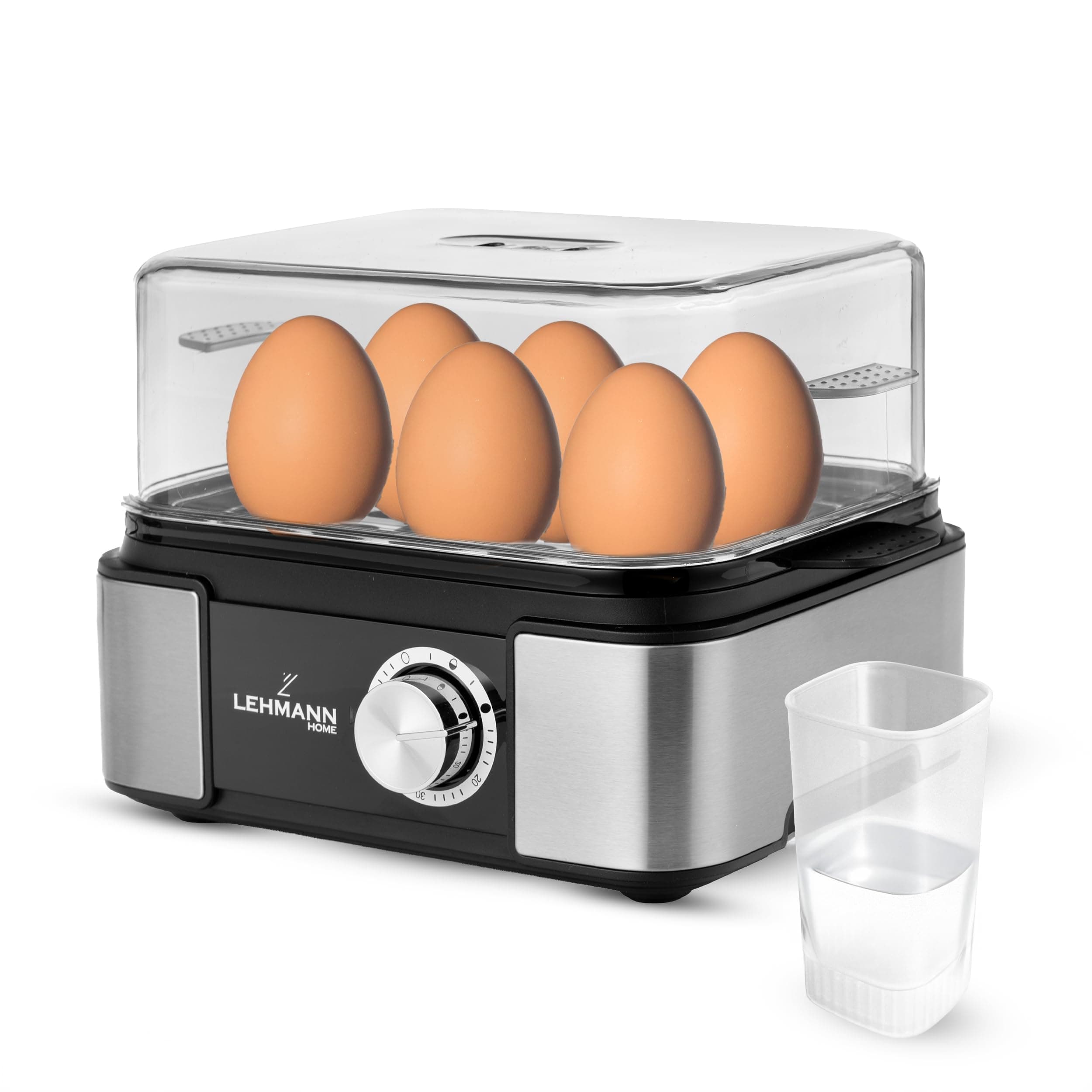 LEHMANN Eierkocher Edelstahl bis zu 6 Eier - Egg Cooker mit Härtegradeinstellung und Signalton - Perfekte Eier kochen dank 5 Programmen - inkl. Wasser-Messbecher mit Eierstecher - Familiengröße Angebot bei HelloDeals