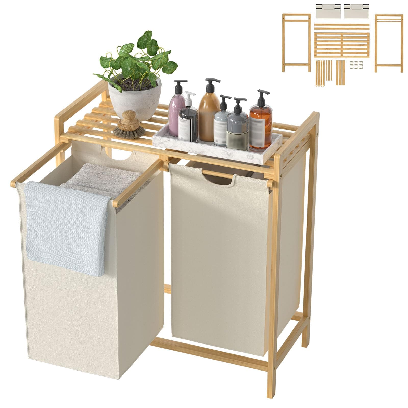 UISEBRT Bambus Wäschekorb mit 2 Fächern, 72L Wäschesortierer aus Oxford-Stoff, Wäschesortiersystem abnehmbar und waschbar, 73x64x33,5cm, Beige Angebot bei HelloDeals