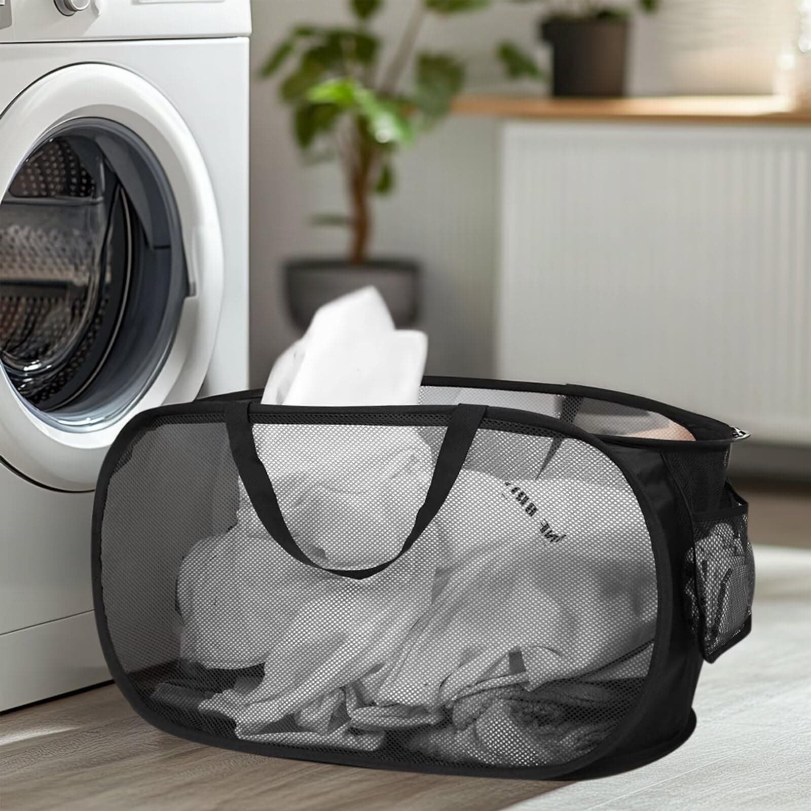 Langlebige, faltbare Netz-Wäschekörbe mit Seitentasche und verstärkten Tragegriffen für Wäsche, Badezimmer, Wohnheim oder Reisen Schwarz Angebot bei HelloDeals