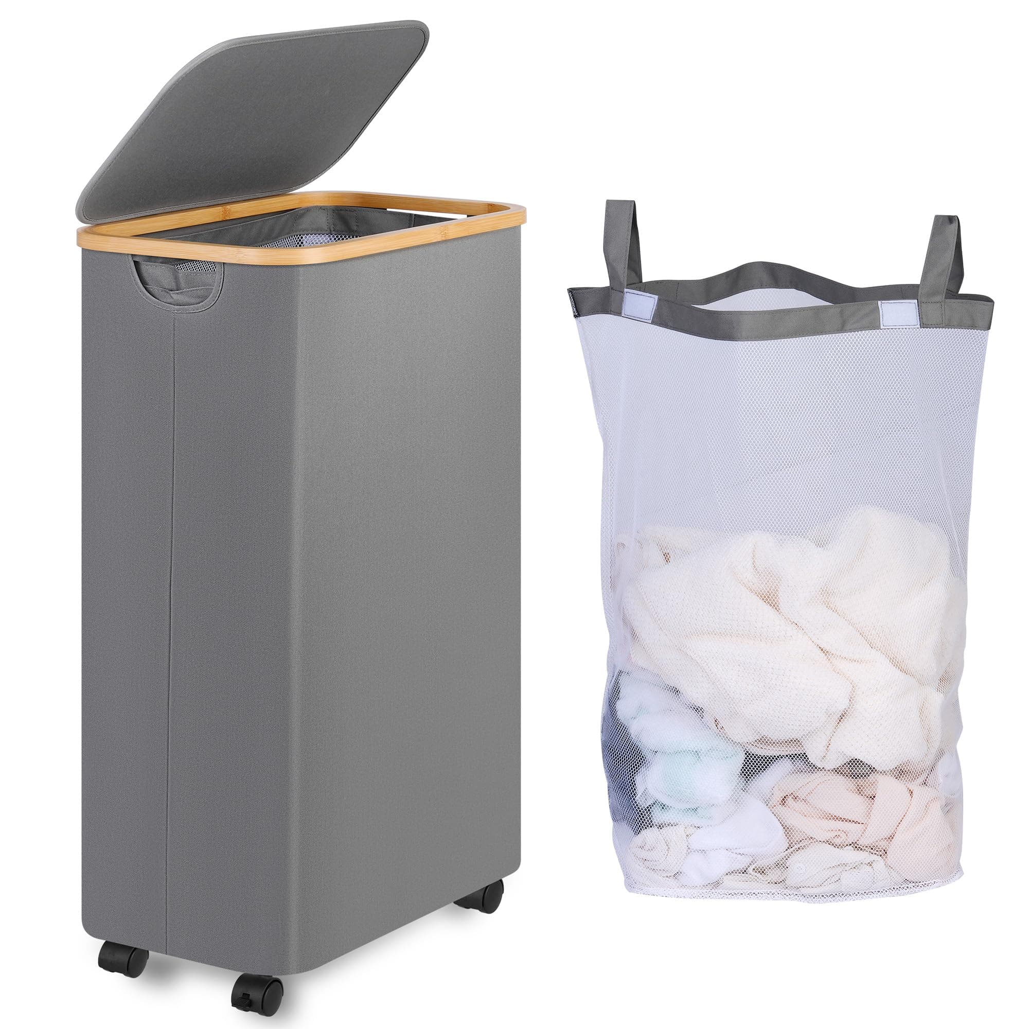 Wäschekorb mit Rollen 75L, Wäschesammler Schmal mit Herausnehmbarer und Waschbarer Innentasche, Laundry Baskets Wäschekörbe mit Deckel für Kleidung, Spielzeug, Handtücher (Grau) 75L mit Rädern Grau Angebot bei HelloDeals