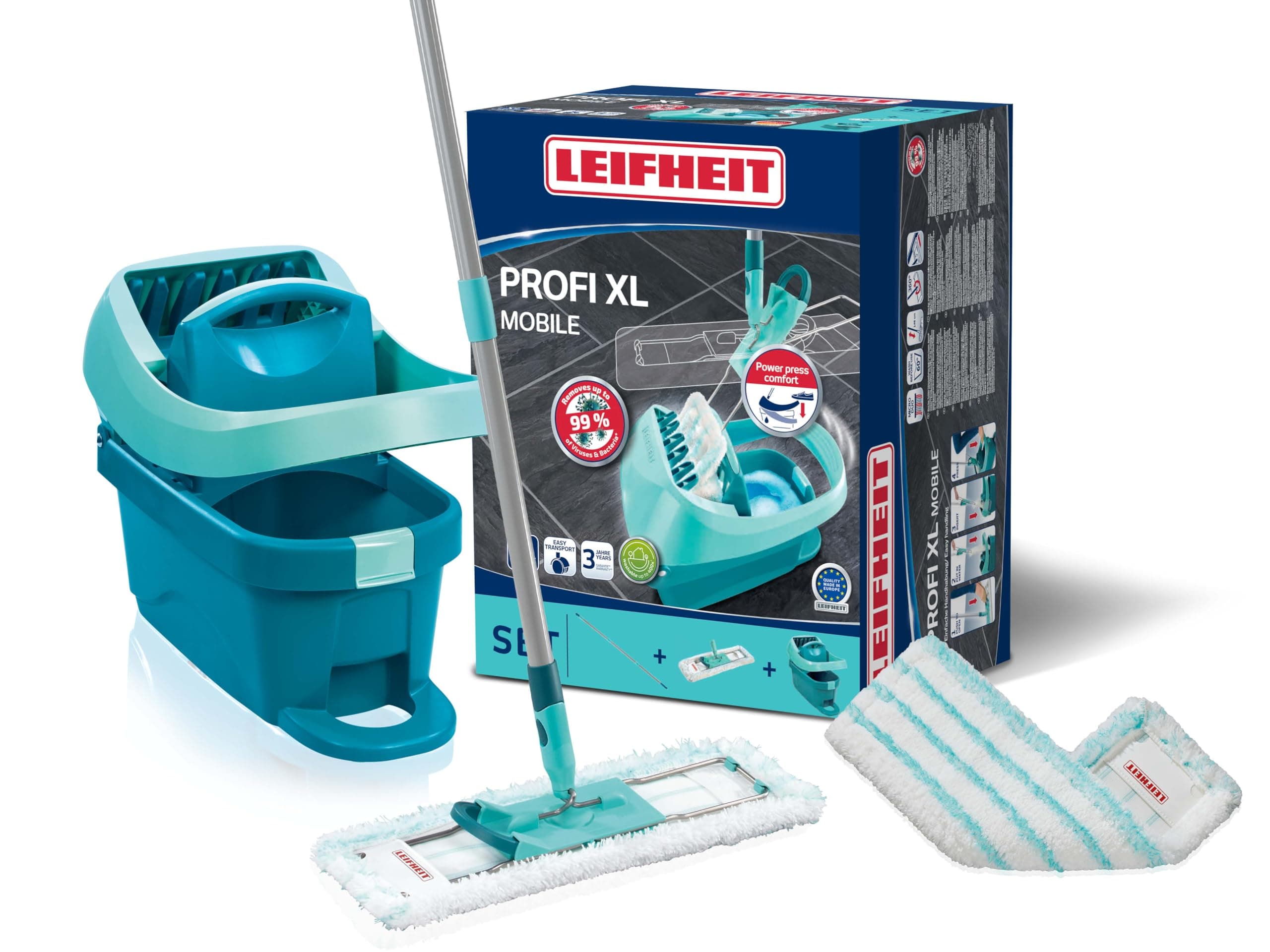 Leifheit Set Wischtuchpresse Profi XL mit Bodenwischer und Rollen inkl. Ersatzbezug Profi Micro Duo aus Mikrofaser, saugfähig und reinigungsstark, Set zum Putzen ohne Bücken mit Click-System Standard Verpackung Set mit Rollen + Wischbezug Angebot bei HelloDeals