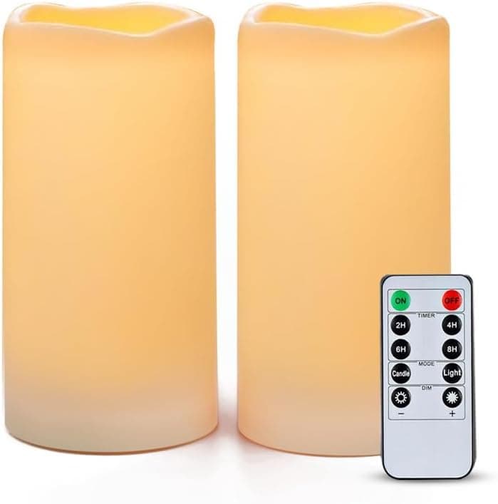 AMAGIC 7,6 cm x 15 cm Outdoor Wasserdicht Flammenlose Kerzen, Batteriebetriebene LED Stumpenkerzen mit Fernbedienung und Timer, Elfenbein, Kunststoff, 2er-Set Angebot bei HelloDeals