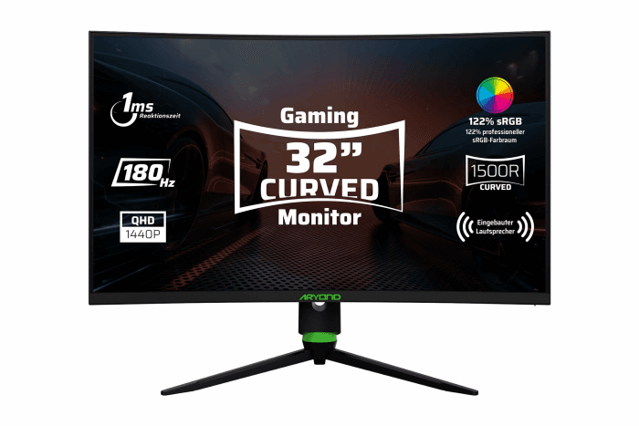 A32 V2 Curved Gaming Monitor, 32 Zoll(80cm), 180Hz, 1500R, QHD (2560x1440), 1ms, HDR, FreeSync&G-Sync, 122% SRGB, Eye Care, Eingebauter Lautsprecher, HDMI, Display Port, Höhenverstellbar Angebot bei HelloDeals