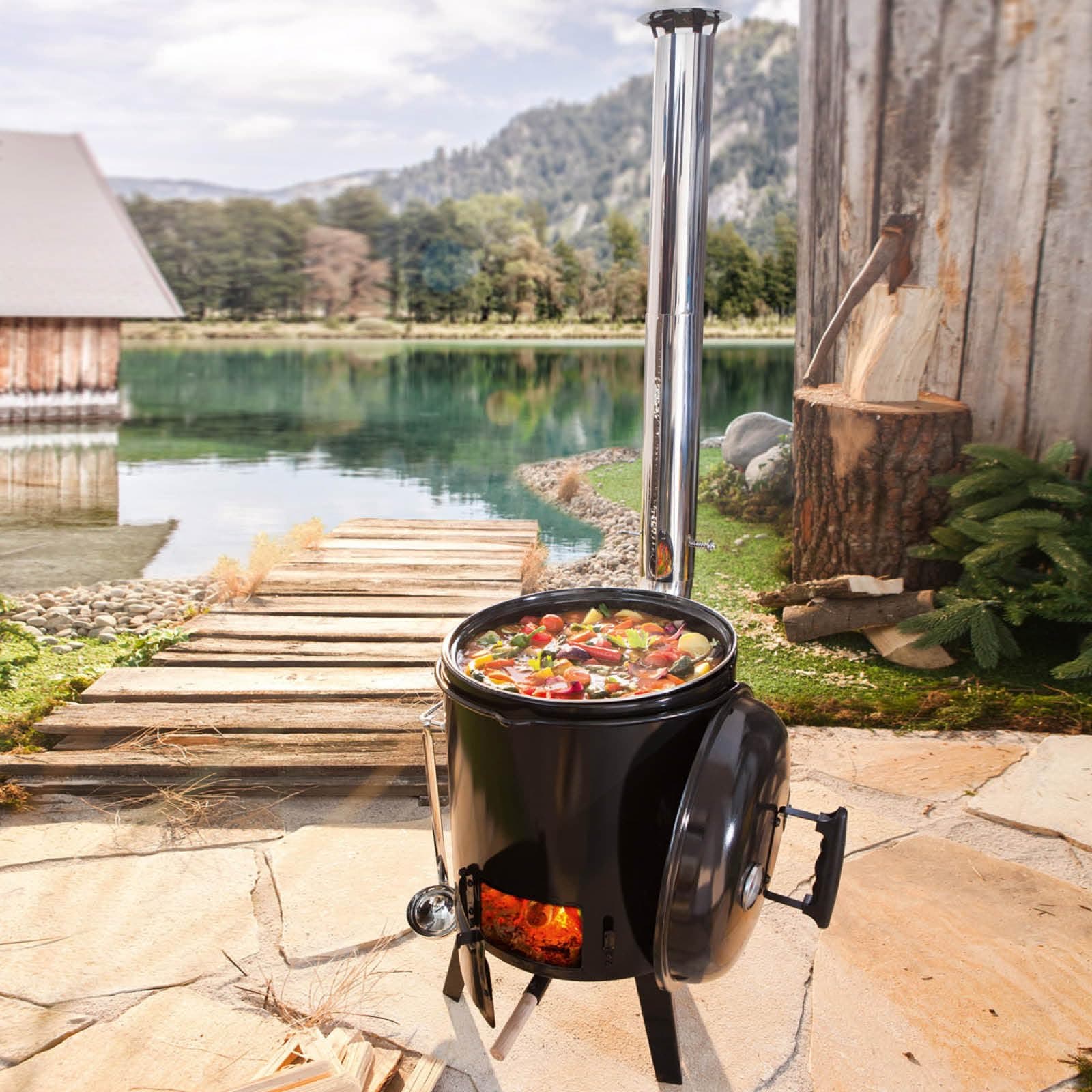 BRAST® Eintopfofen mit Grillfunktion Ofen Kugelgrill Barbecue Grill Outdoor-Küche Gulaschkanone Suppenkessel Hähnchenbräter Ungarischer Gulaschkessel aus Stahlblech emailliert Dreibein inkl. Zubehör Angebot bei HelloDeals