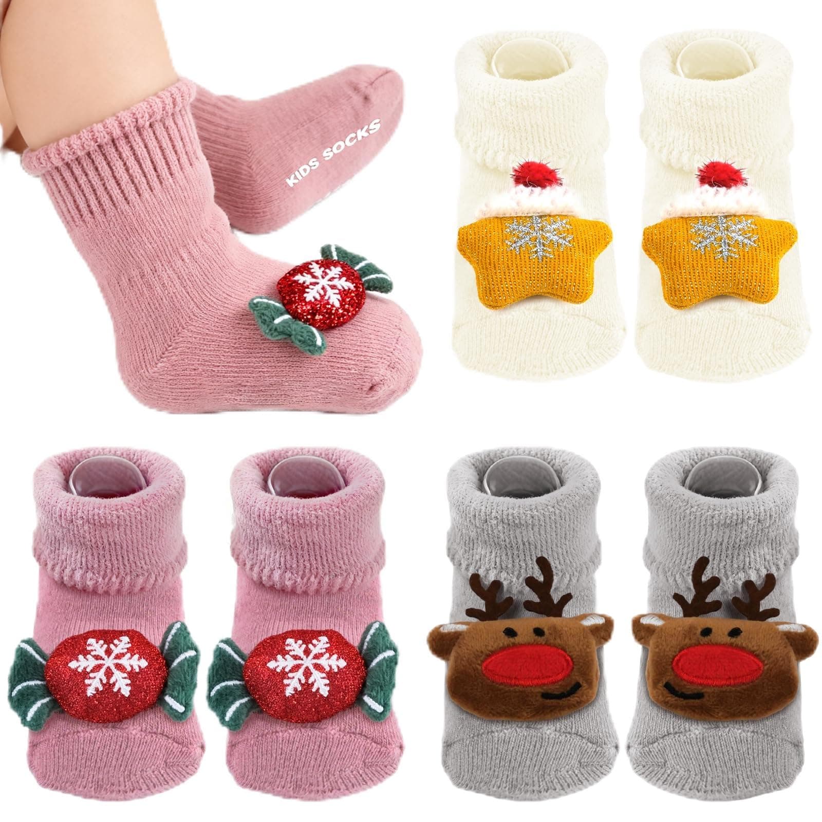 3 Paar Weihnachtssocken Baby, Stoppersocken Ba-by mit Geschenkbox, Rasselsocken Baby für 0-1Jährige Säuglinge, Anti Rutsch Socken, Festliche Socken für Weihnachten & Alltag Angebot bei HelloDeals