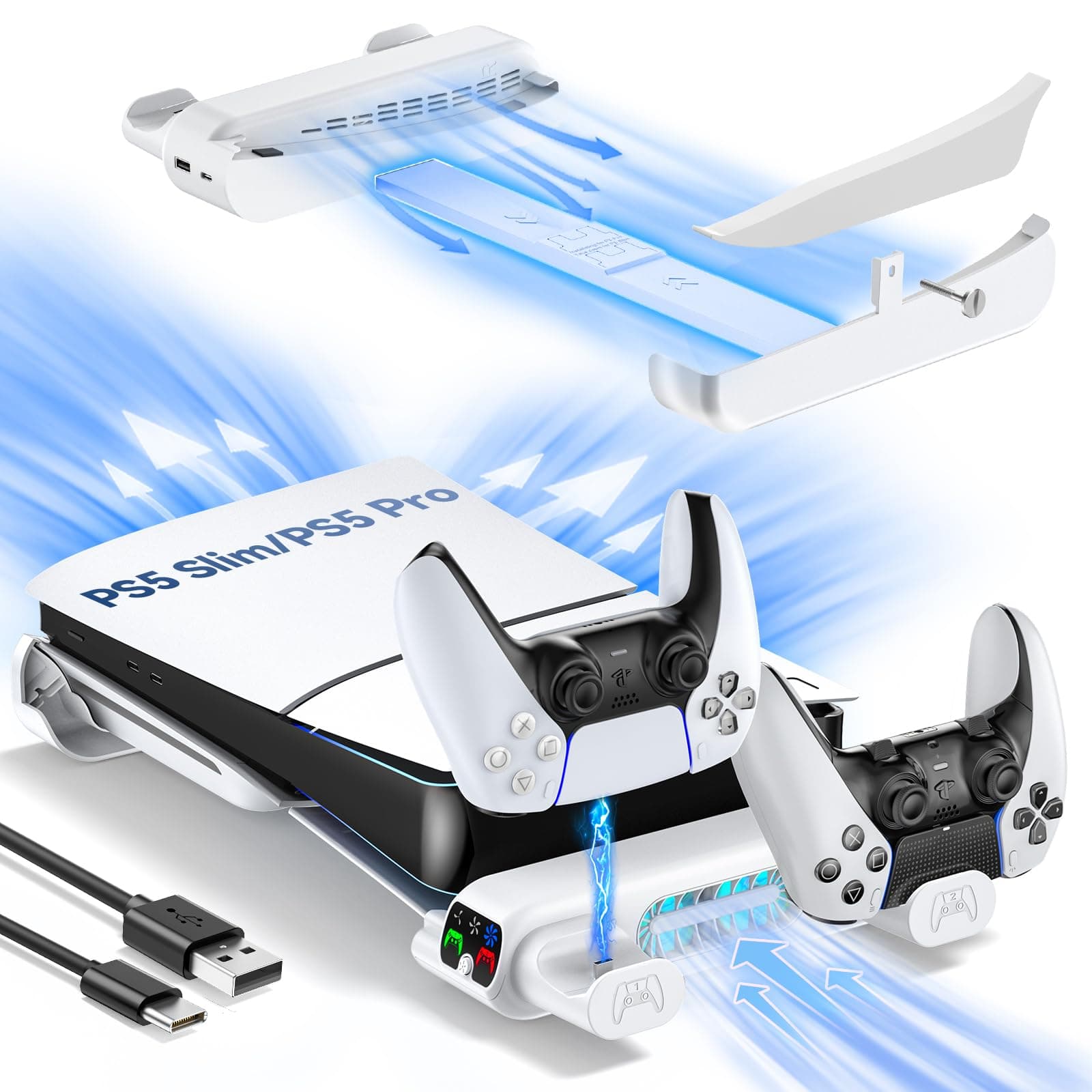 Horizontale PS5 Slim/Pro Halterung mit Kühler für Disc & Digital, PS5 Standfuß horizontal mit PS5 Ladestation, PS5 Horizontaler Ständer für PS5 Slim & Pro Konsole (Nicht für PS5 2020) Weiß Angebot bei HelloDeals