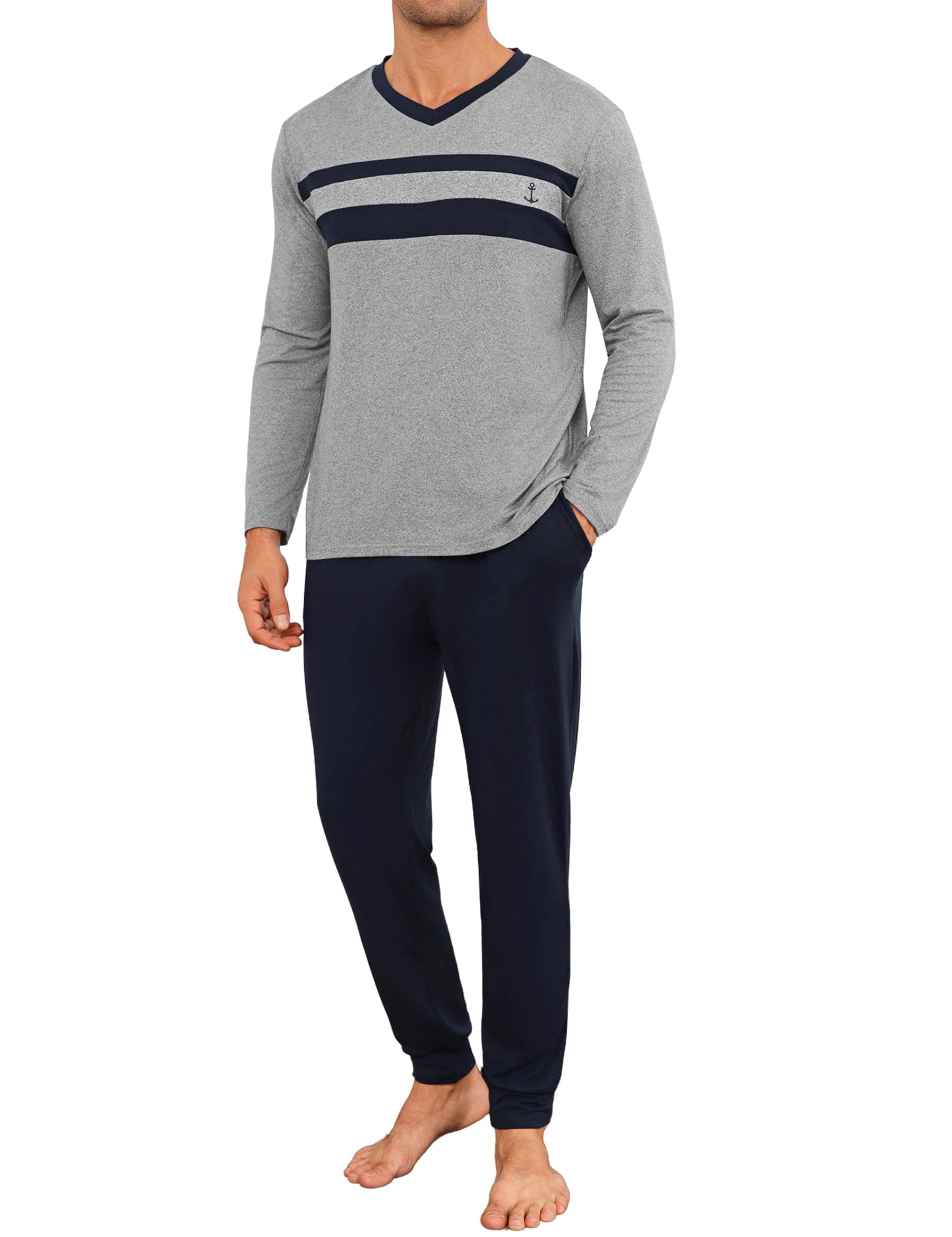 Marvmys Herren Schlafanzug Lang V-Ausschnitt Gestreifter Schlafanzüge Herren Winter Zweiteiliger Pyjamas Nightwear Set mit Taschen S-3XL Grau S Angebot bei HelloDeals