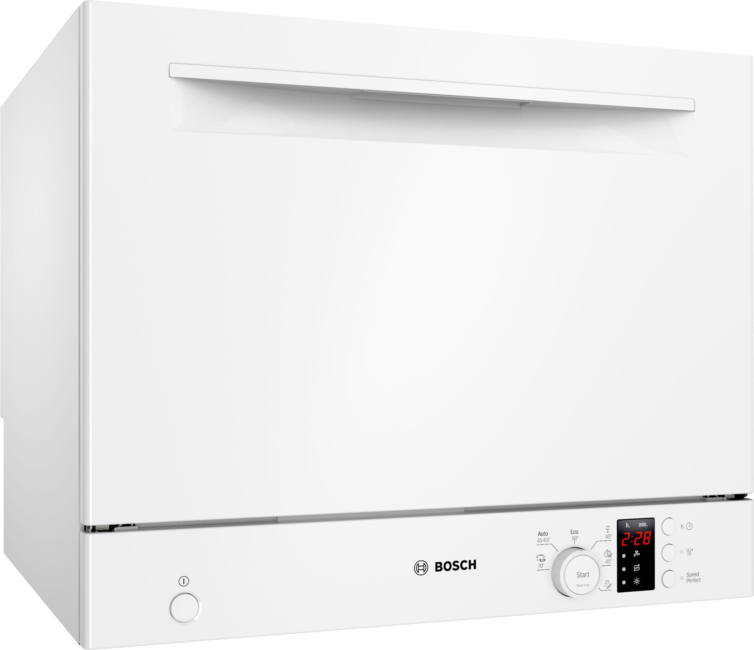 Bosch SKS2ITW00E, Serie 2, Freistehender Kompakt-Geschirrspüler 55 cm, Besteckkorb, Mini Spülmaschine, schneller sauberes Geschirr, Extra Trocknen, Schonende Glasreinigung, Automatikprogramme, Weiß Angebot bei HelloDeals
