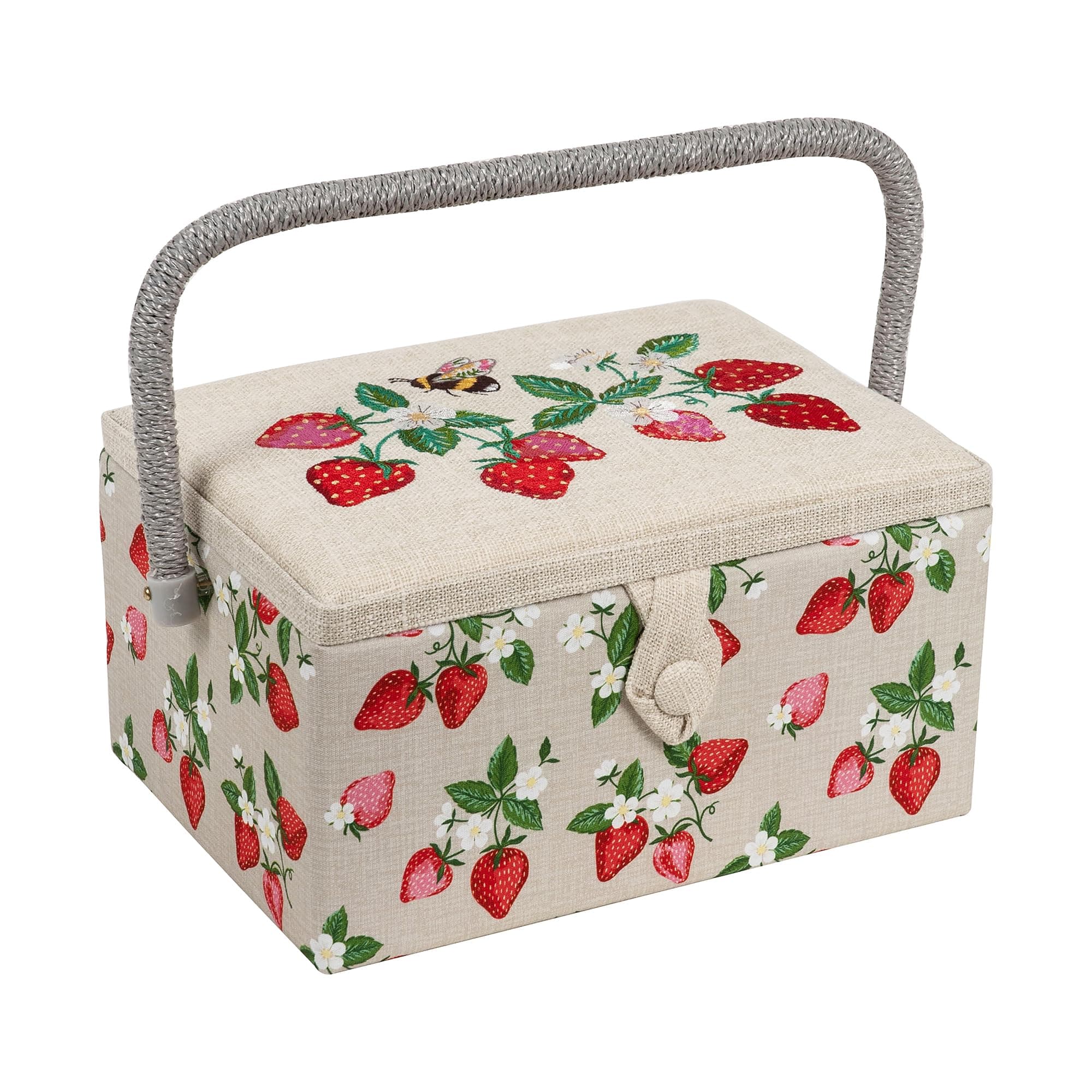 Hobby Gift Exclusive Mittelgroße Nähhandwerk-Bastel-Aufbewahrungsbox, Zubehörablage, Nadelkissen, Tasche, PVC-Griff, bestickter Deckel, 18,5 x 25,5 x 14,5 cm, Bestickte Erdbeeren Angebot bei HelloDeals