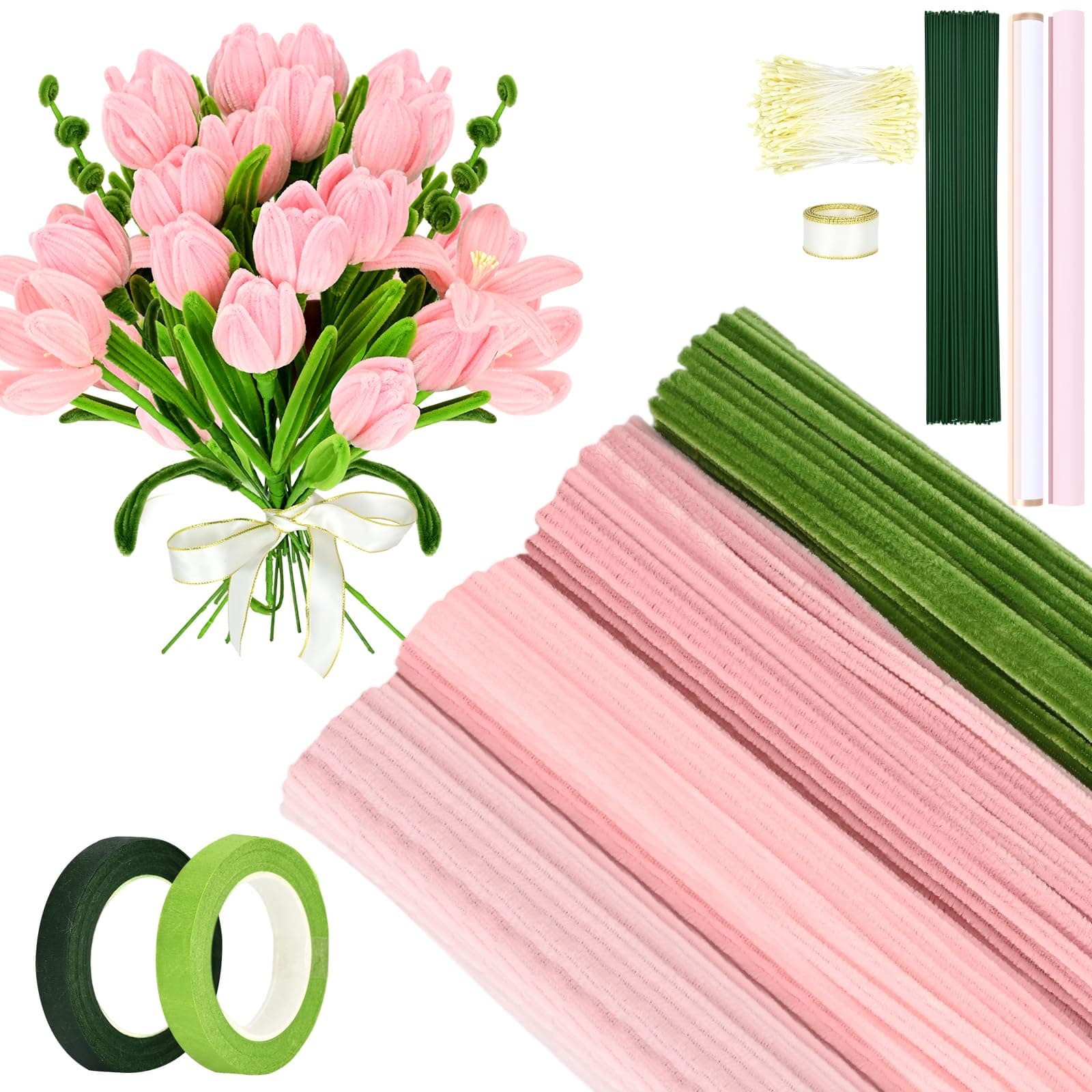 Pfeifenreiniger Blumen Set, 400+ Stück Pfeifenputzer Zum Basteln mit Blumendraht, Blumenband, Klebeband, Geschenkband, Geschenkpapier, Rosa Angebot bei HelloDeals