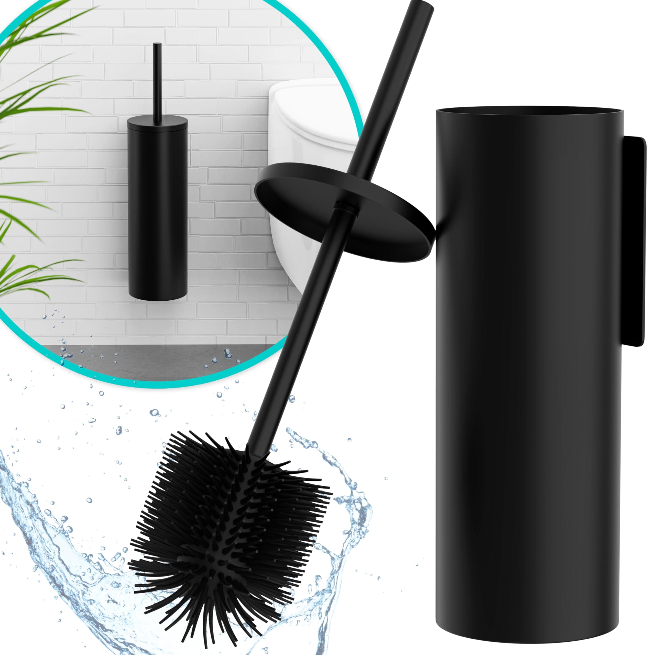 Klobürste Wandmontage Schwarz - Toilettenbürste Silikon & Metall - Wand WC-Bürste Ohne Bohren - Wandbefestigung mit Sticker oder Schraube - Klobürstenhalter - WC3610 Angebot bei HelloDeals