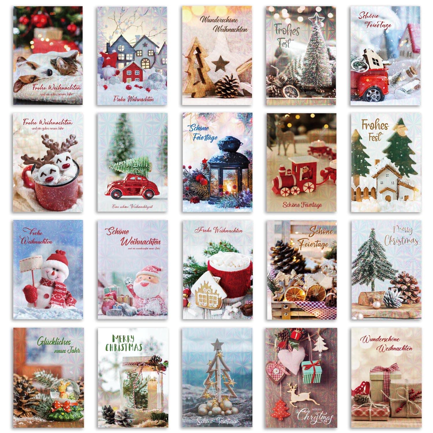 DEEPLAY Weihnachtskarten, Grußkarten mit Umschlägen, Holographische Falt-Weihnachtskarten mit Weihnachtsatmosphäre Echte Szenenmuster für Familie, Freunde, 20 Stk. mit 20 Designs A-20 Pcs Angebot bei HelloDeals