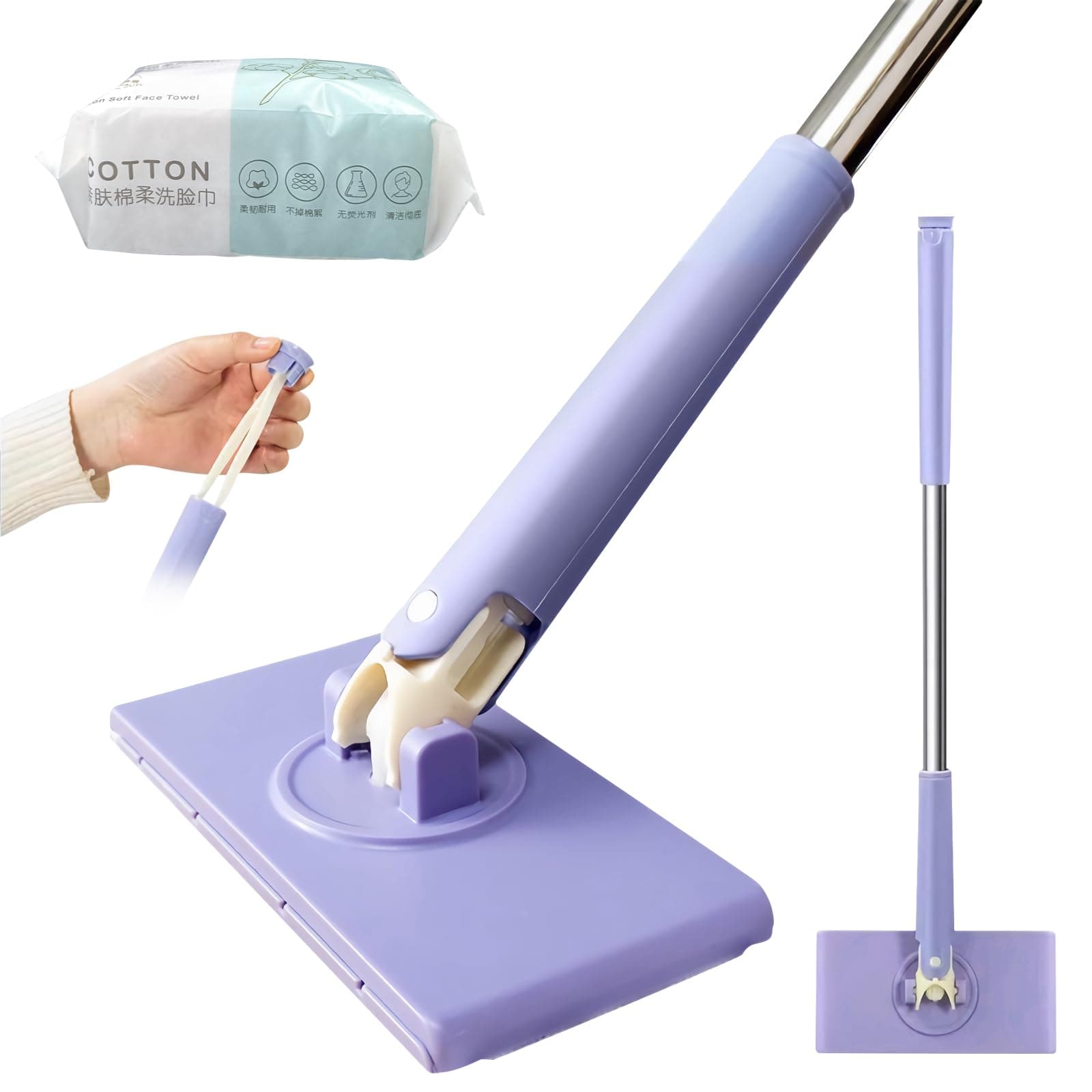 Automatischer Tuchwechsel Mini Mop, 360° Rotierbares Wischmopp, Ohne Hände Ersetzen, Anwendbar Wischer Boden, Glas, Küchen und Badezimmerreinigung(1 Wischer+Waschhandtücher 50 Stück/Packung) Taro Lila Angebot bei HelloDeals
