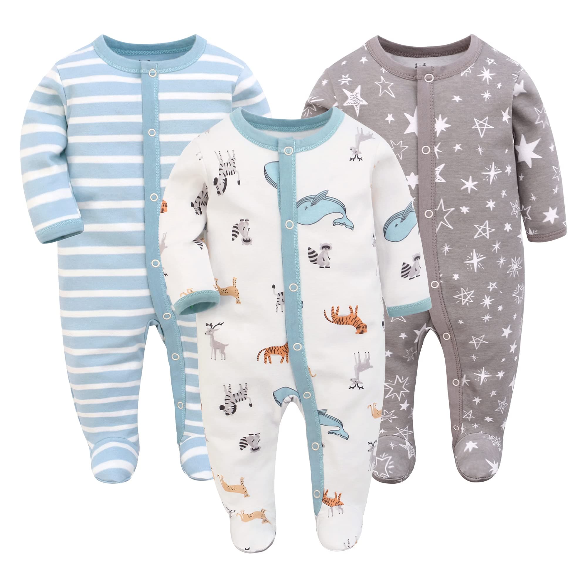 3PCS Baby Schlafstrampler Babychlafanzug Babyschlafsack Baumwolle mit Füßen mit knöpfen Gr. 56 62 68 für Junge Mädchen Neugborenen Wal+elch+grüngestreift 68 Angebot bei HelloDeals