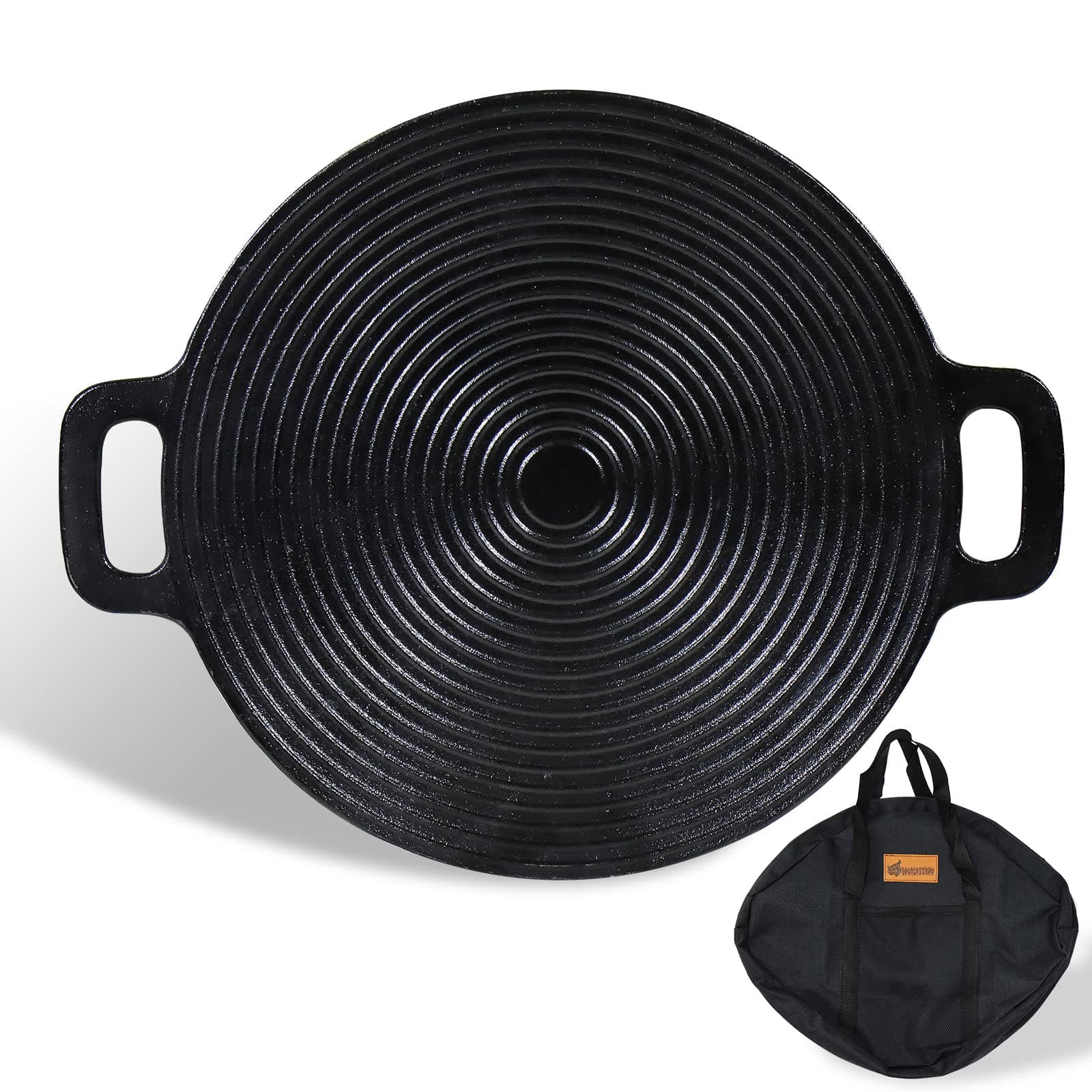 CCLIFE BBQ Grillpfanne Koreanische Grillpfanne aus Gusseisen Runde Grillplatte Antihaftbeschichtung,Doppelgriffe für Camping Durchmesser 29cm, mit Tasche Angebot bei HelloDeals
