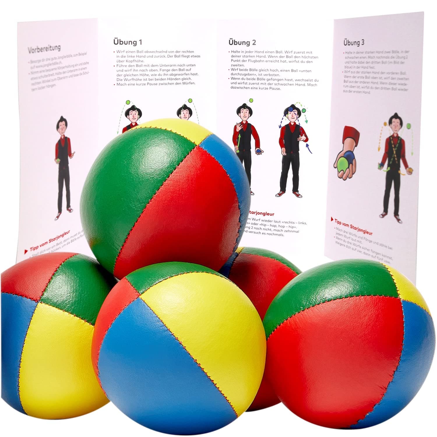 Jonglierbälle 5er Set vierfarbig. Profi-Jonglierbälle für Fortgeschrittene. Liegen gut in den Händen Dank Füllung mit Hirse. Mit Jonglieranleitung. Angebot bei HelloDeals