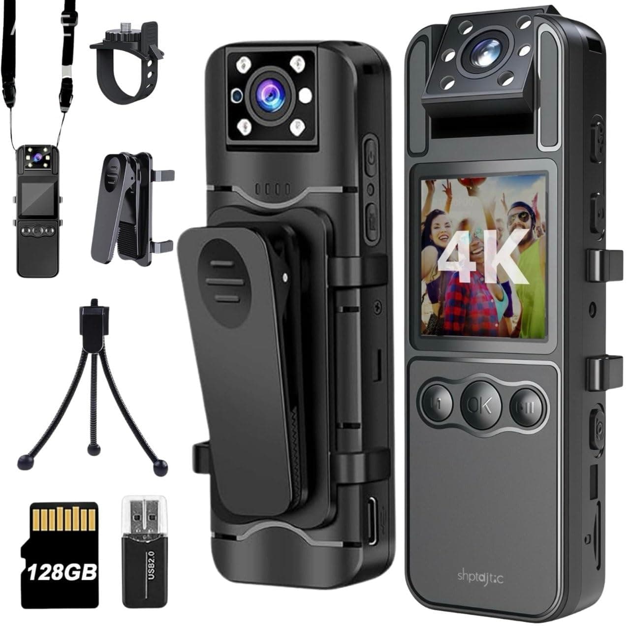 128GB 4K Bodycam mit 180°Drehlinse, Sportkamera mit 6 Stunden Akku, Nachtvision, tragbare Kamera für Haustiere, Büro, Sicherheitsarbeit Polizeistrafverfolgung (4K-128G-H82) H82-4K-128G Angebot bei HelloDeals