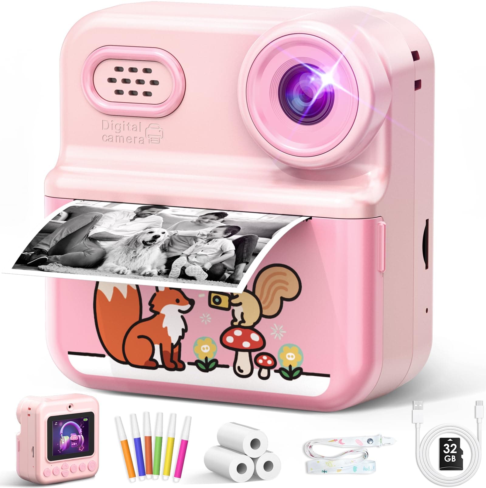 Kinderkamera Sofortbildkamera, 1080P HD 2,4 Zoll Doppellinsen Sofortbildkamera Kinder mit 32GB Karte und 3 Rollen Druckpapier Kinderspielzeug Geschenke für Jungen Mädchen 3-12 Jahren(1 Packung) Angebot bei HelloDeals