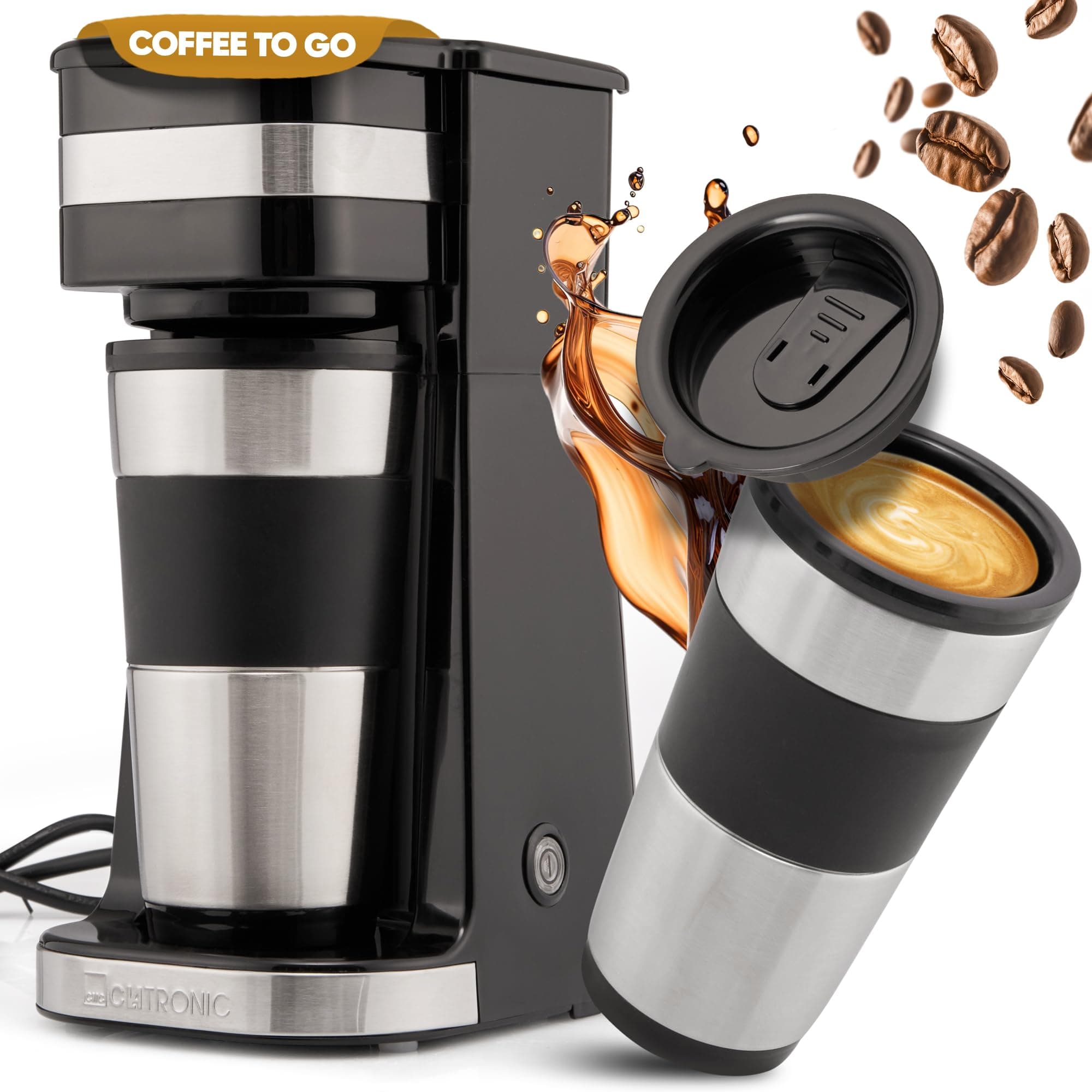 Clatronic Kaffeemaschine | Kaffee To Go Becher 400 ml | für alle gängigen Getränkehalter (z.B. Auto) | Filterkaffeemaschine | Permanent-Nylon-Filter | Edelstahlbecher mit Aromadeckel | KA 3733 To-Go Angebot bei HelloDeals