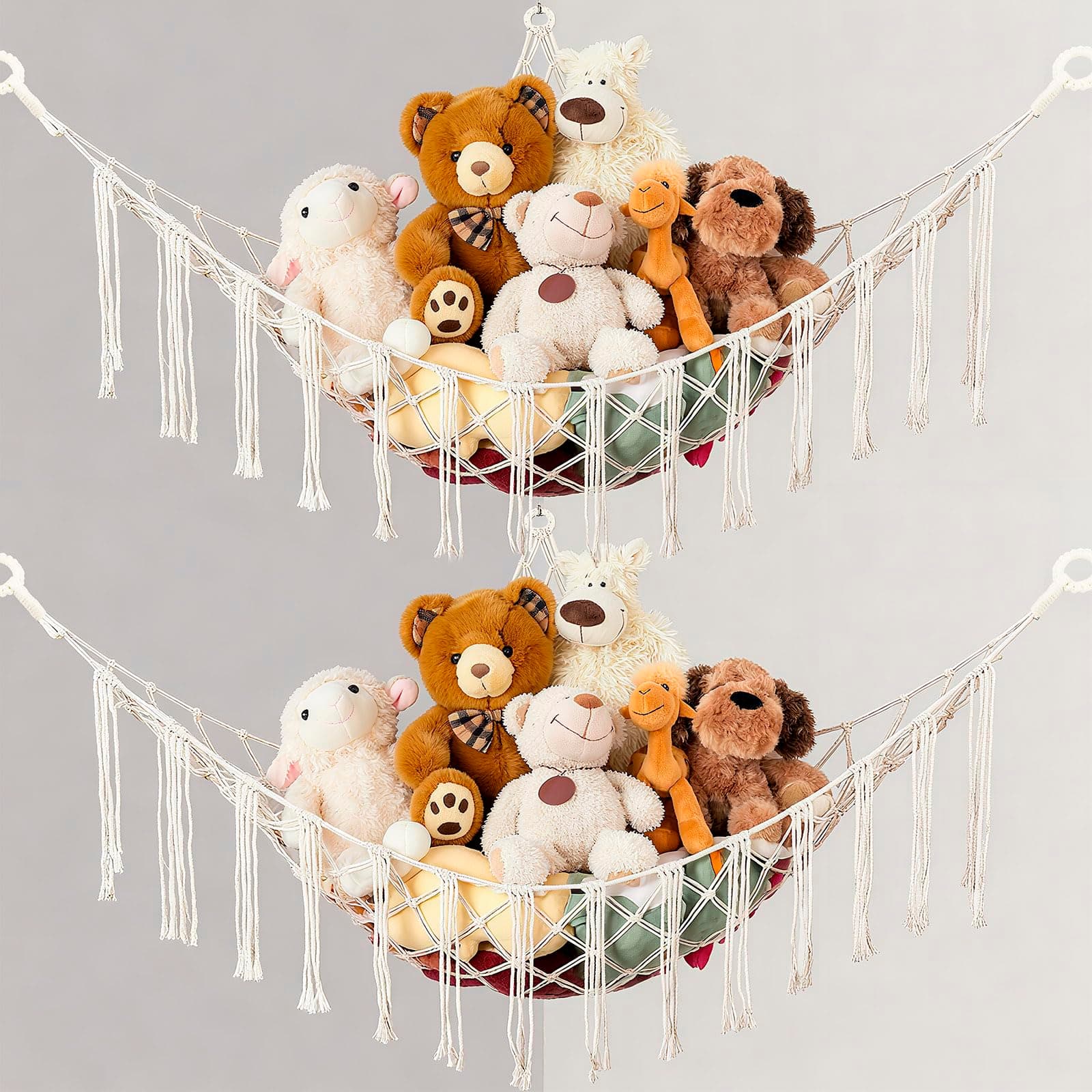 2 stück Kuscheltier Aufbewahrung Netz, Teddybär-Aufbewahrungstasche zum Aufhängen, Bohemian-Stil-Spielzeug-Hängematte Zimmerecke Aufbewahrungsnetz für Kinderzimmer, Beige Angebot bei HelloDeals