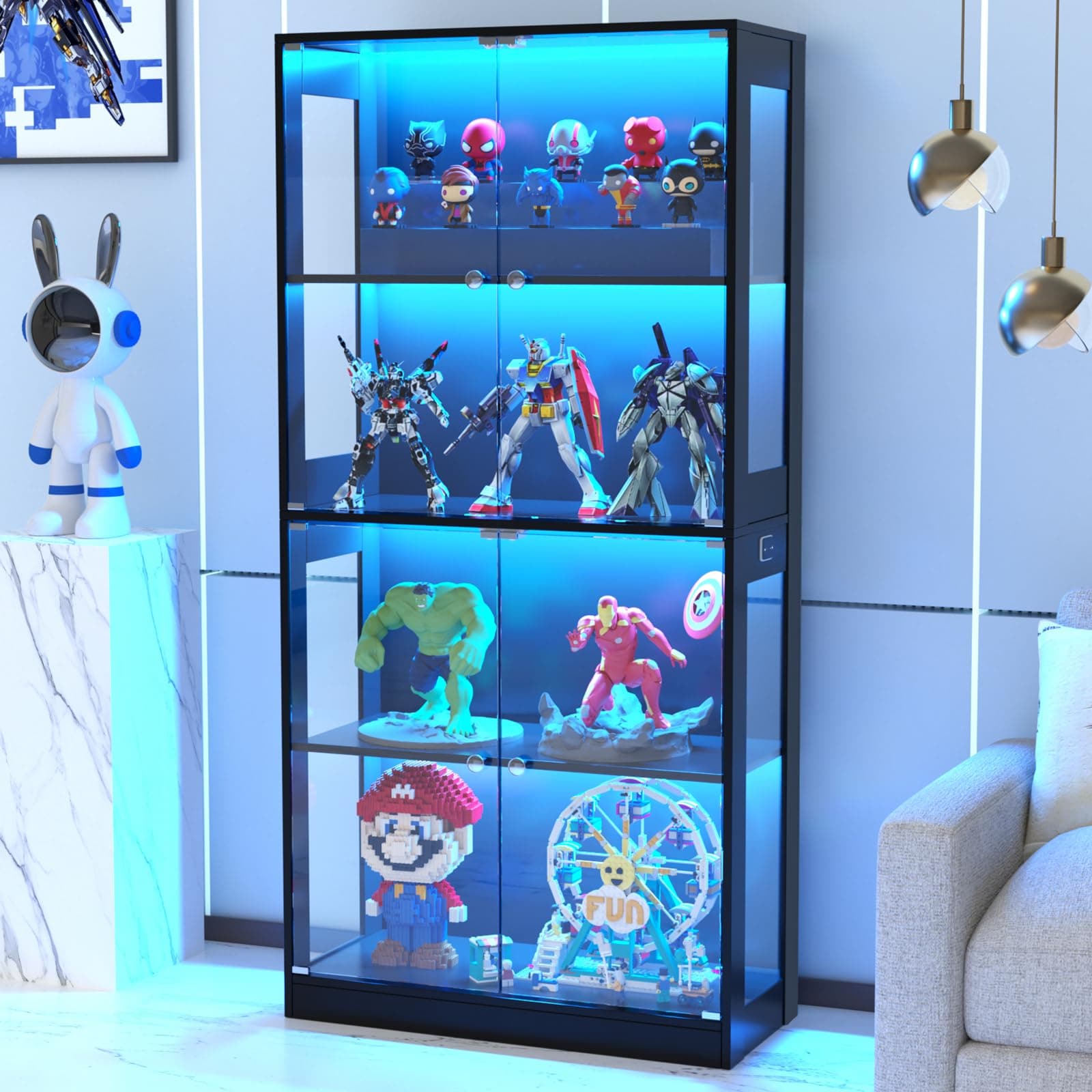 VOWNER 4-Lagen LED Vitrine mit Glastür, Vitrinenschrank mit 3-farbige Beleuchtung Bewegungssensor, Glasvitrine für Sammlerstücke, Bücherregal für Wohnzimmer, Schlafzimmer (Schwarz, 4 Einlegeböden) Schwarz 4 Einlegeböden Angebot bei HelloDeals