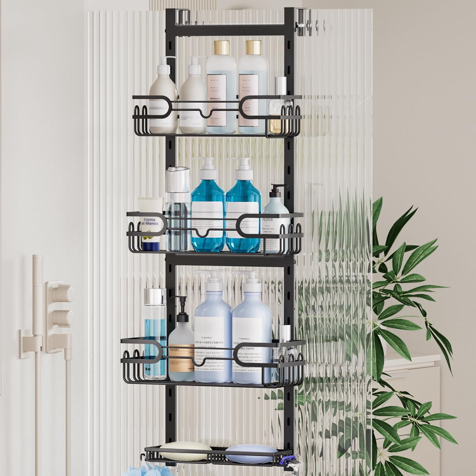 HapiRm Duschablage zum Hängen Hängeregal Dusche - Duschregal zum Hängen Einstellbar mit 4 Duschkorb, Duschablage Dusch Hängeregal mit Seifenschale und Haken, Duschablage über der Tür Badezimmer Schwarz 4 Etagen Angebot bei HelloDeals