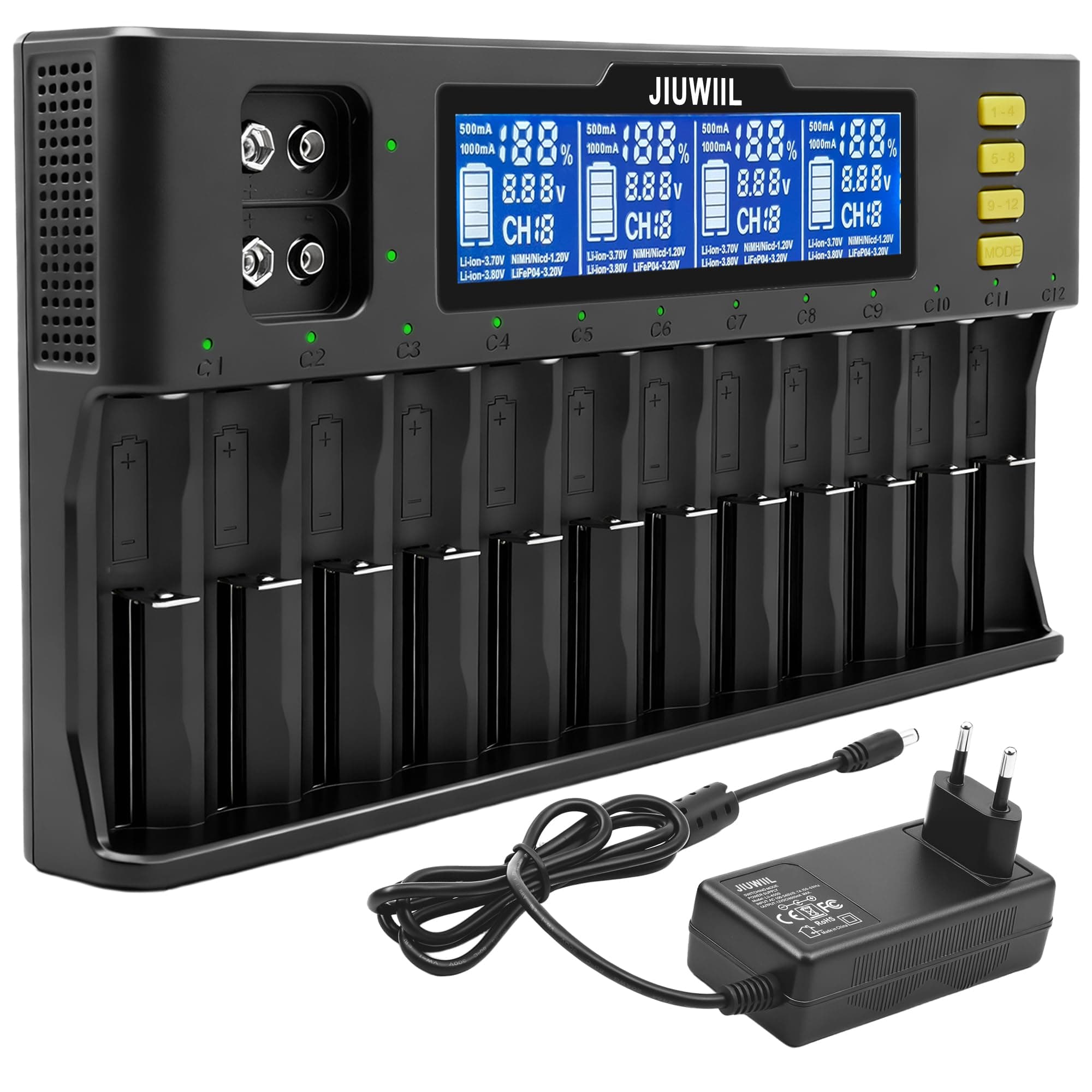 18650 Akku Ladegerät, JIUWIIL 12+2 Schacht Schnellladung Universal Akkuladegerät mit LCD-Display für Wiederaufladbare Akkus Li-Ion LiFePO4 26650 17500 16340 18650 14500 10440 & 9V Angebot bei HelloDeals