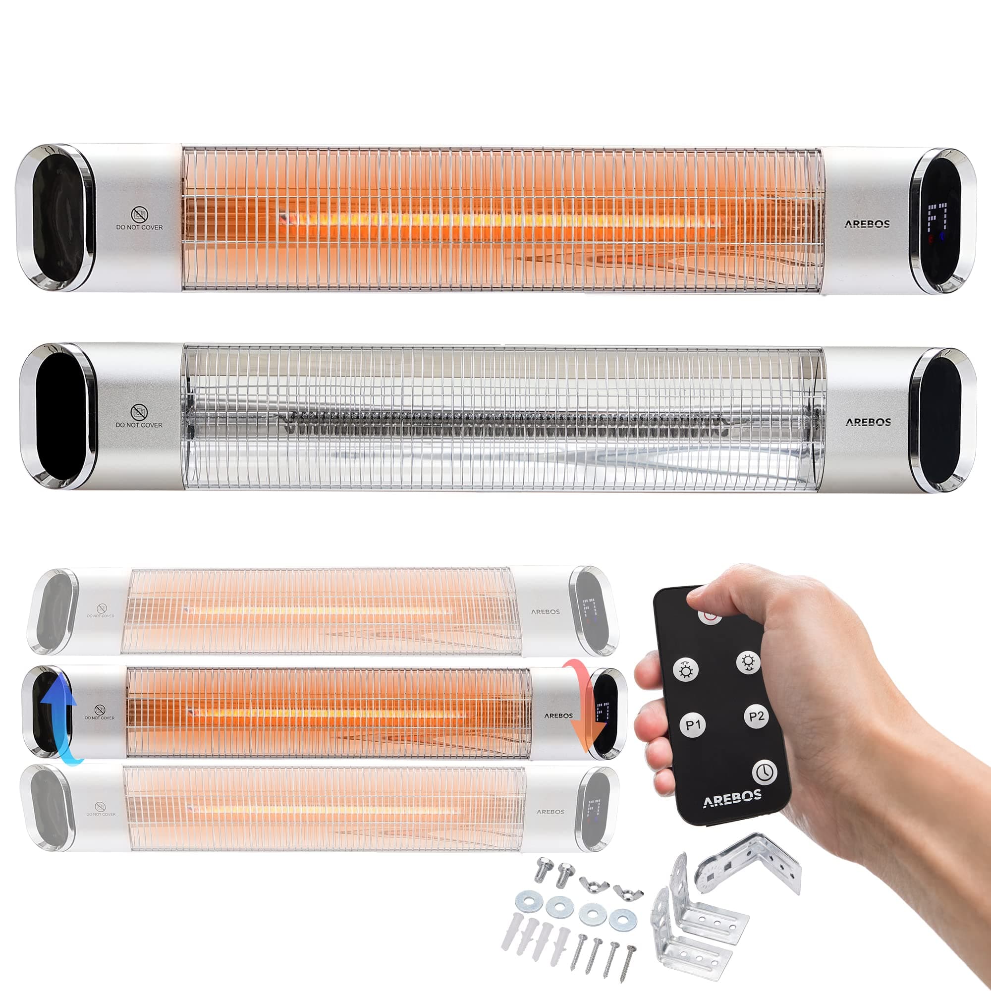 Arebos Infrarot Heizstrahler 2000 W | mit Fernbedienung | 2 Heizstufen | 60° Neigung inkl. Montagematerial | Wärmestrahler Terrassenstrahler Terrassenheizer Deckenstrahler | Silber Angebot bei HelloDeals