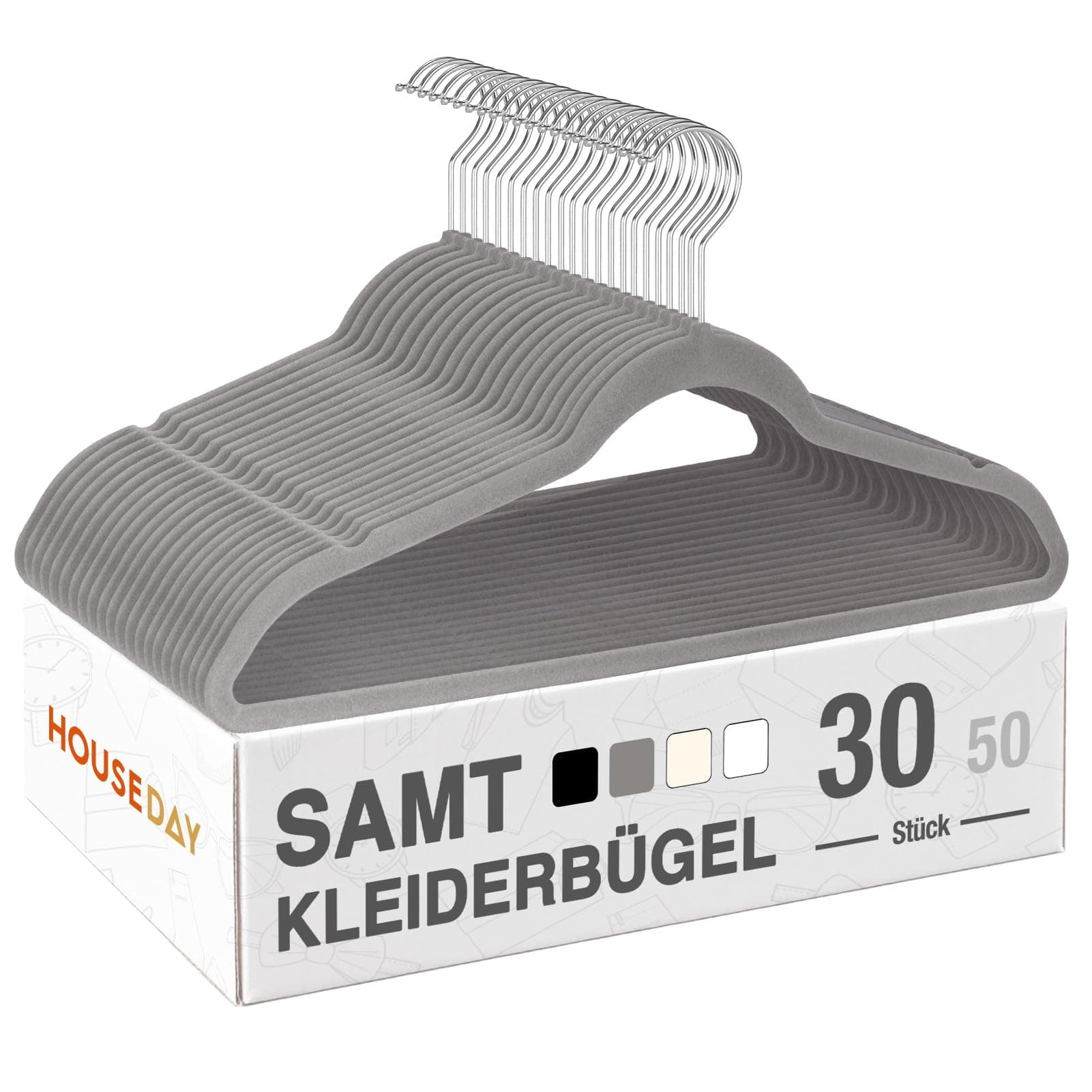 HOUSE DAY Kleiderbügel Samt 30er Set, Kleiderbügel Platzsparend, Bügel rutschfest und Samtbügel Schmal mit 360° Drehbarer Haken, für Hemden, Anzüge, Mäntel, Pullover, Hosen, Dunkles Grau Dunkles Grau 30 Stück Angebot bei HelloDeals
