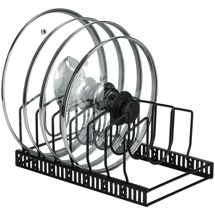 Toplife Topfdeckelhalter, Deckelhalter Schublade für Topfdeckel, Schneidebretter und Pfannen mit 7 verstellbaren Fächern, Topfdeckel Aufbewahrung, Schwarz Schwarz Topfdeckelhalter Angebot bei HelloDeals