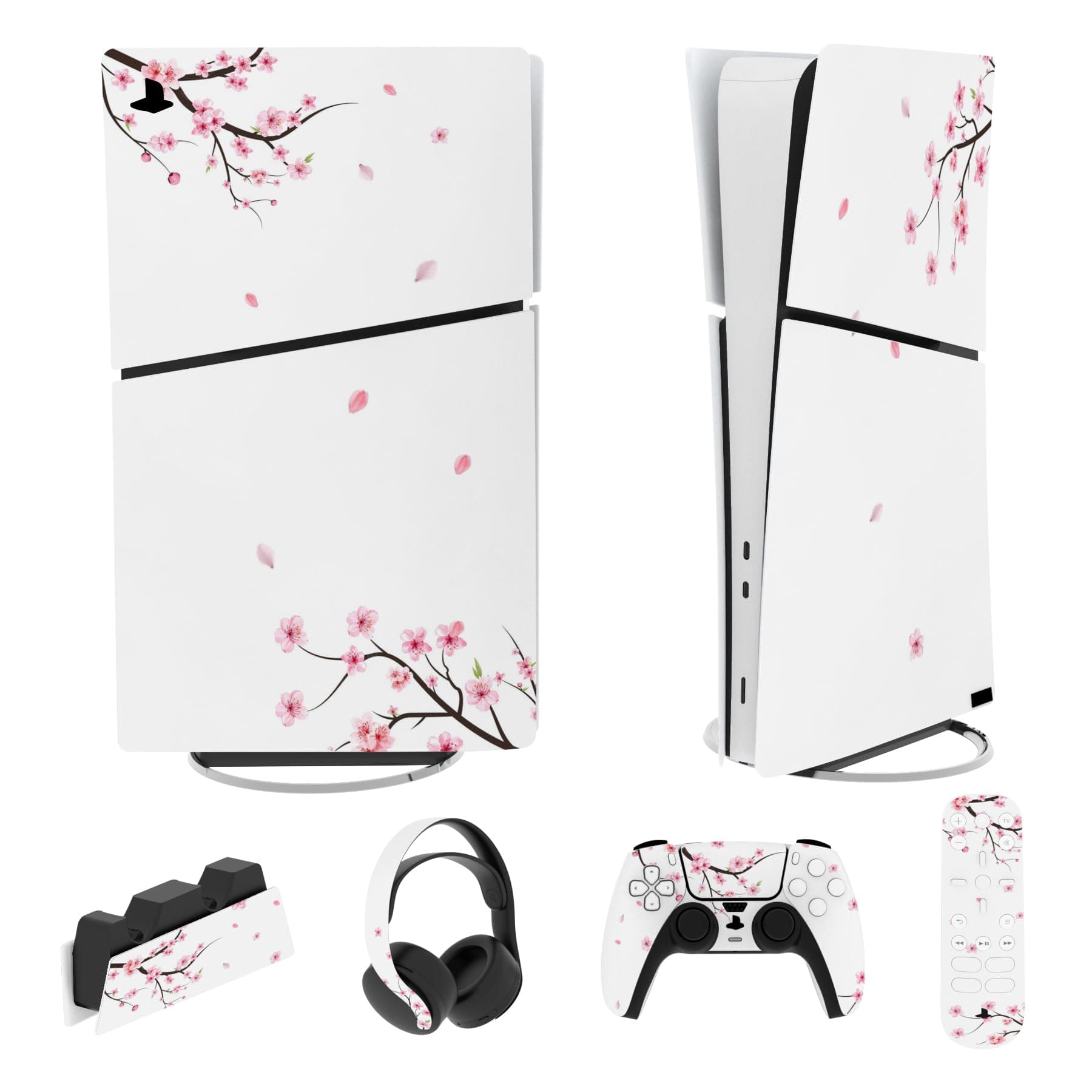 PlayVital Full Set Skin Sticker für ps5 Slim Konsole Digital Edition,Aufkleber Vinyl-Skin Stickers Schutzfolie Folie für ps5 Controller,Ladestation, Headset,Medienfernbedienung-Fallende Kirschblüten Angebot bei HelloDeals