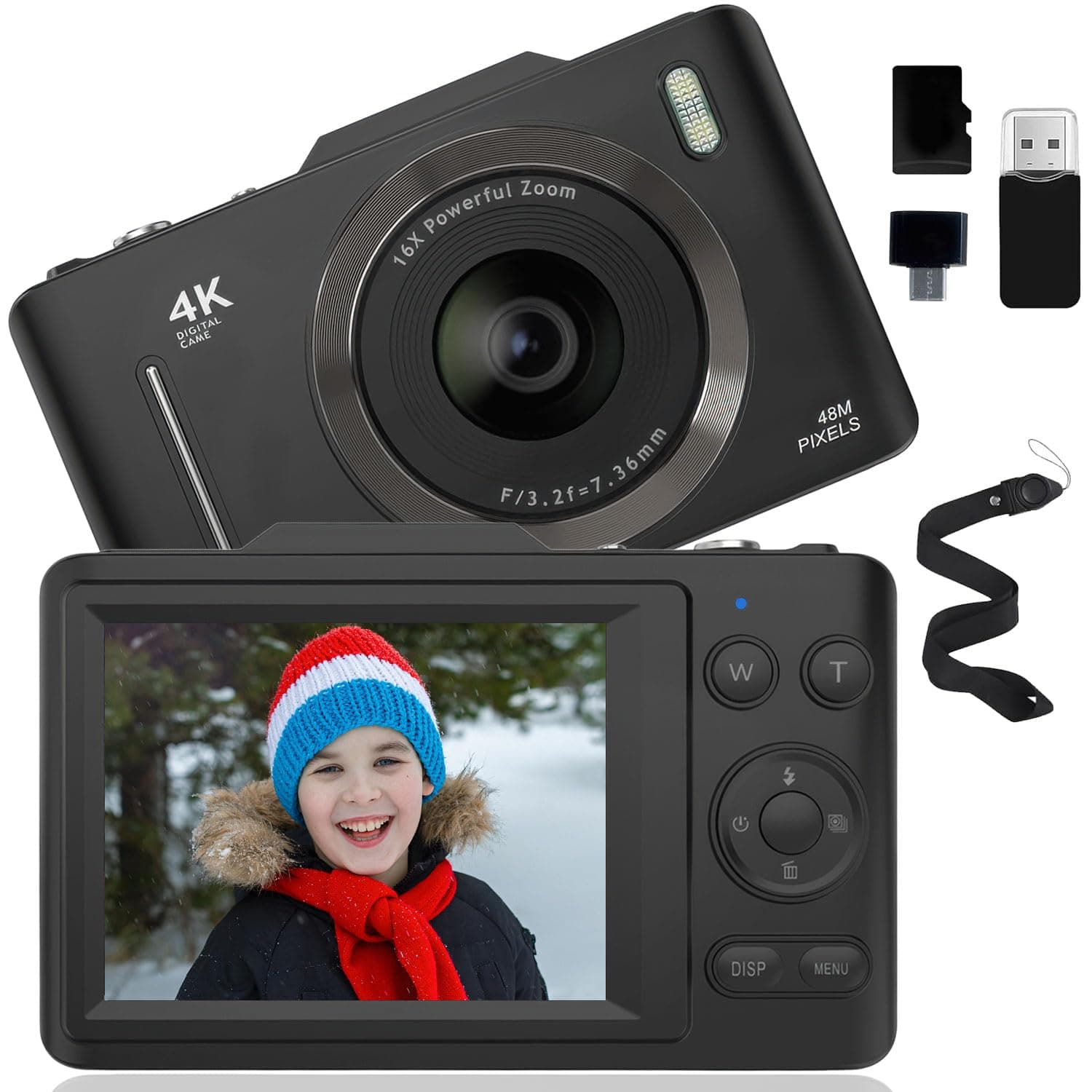 Digitalkamera, Fotokamera Digitalkameras mit 32GB Speicherkarte 48MP 1080P Fotoapparat Vlogging-Kamera mit Blitz, Autofokus, Anti-Shake, Tragbare Kompakte Kamera für Kinder und Anfänger Grau Schwarz Angebot bei HelloDeals