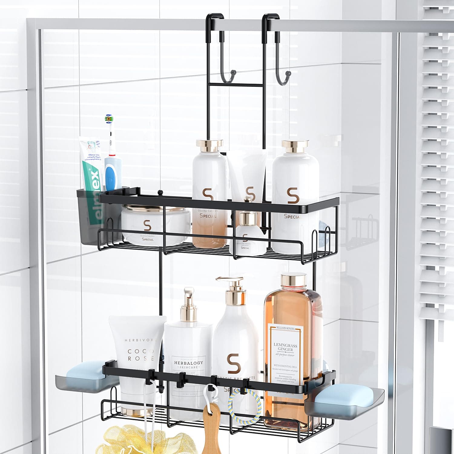 FINIBO Duschablage Zum Hängen Schwarz, Duschregal Ohne Bohren für Duschtüren, Duschregal zum Hängen mit 2 Duschablagen, 2 Seifenhalter, 1 Zahnbürstenhalter und 4 abnehmbare Haken Schwarz-hanging Angebot bei HelloDeals