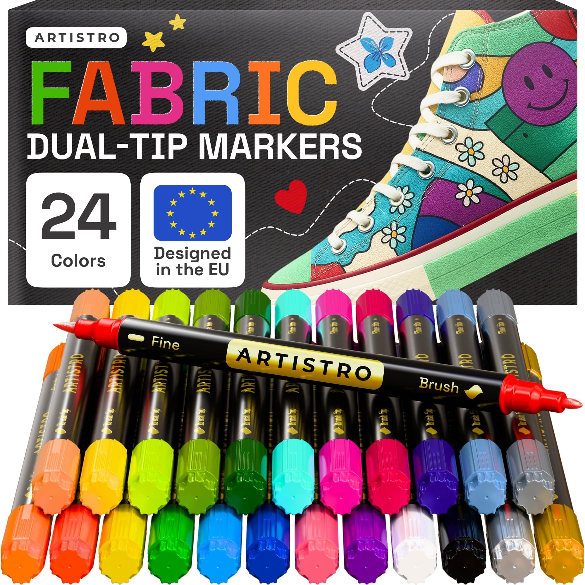 ARTISTRO 24 Doppelseitige Textilmarker - Stoffdekorationsset - Permanent für Kleidung - Kein Auslaufen für T-Shirts, Taschen, Textilien, Leinwand und mehr (Pinselspitze und Feine Spitze) 24 Doppelspitze + Fein Angebot bei HelloDeals