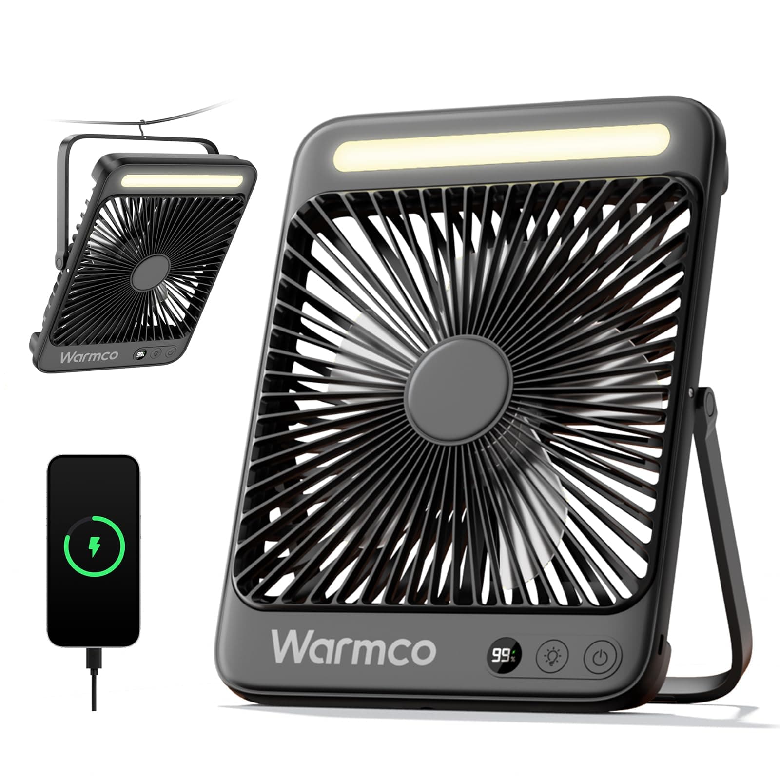 Warmco 20000mAh Akku Camping Ventilator 27cm mit Lampe, 15-48 Std. Laufzeit, Ultra-Leise, Ultraflach, Display, Haken, USB Tischventilator für Zelt, Outdoor, Reisen, Büro, Wohnmobil, Schlafzimmer Schwarz Angebot bei HelloDeals