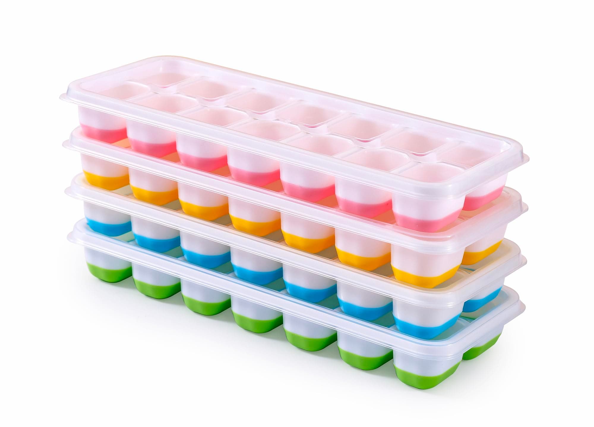 Silikon Eiswürfelform mit Deckel BPA Frei, 4 Pack Eiswürfelbehälter Stapelbar, Sichere Gesunde Eiswürfel Form für Babybrei Cocktail Whiskey Kaffee (Blau+Grün+Rosa+Gelb) Angebot bei HelloDeals