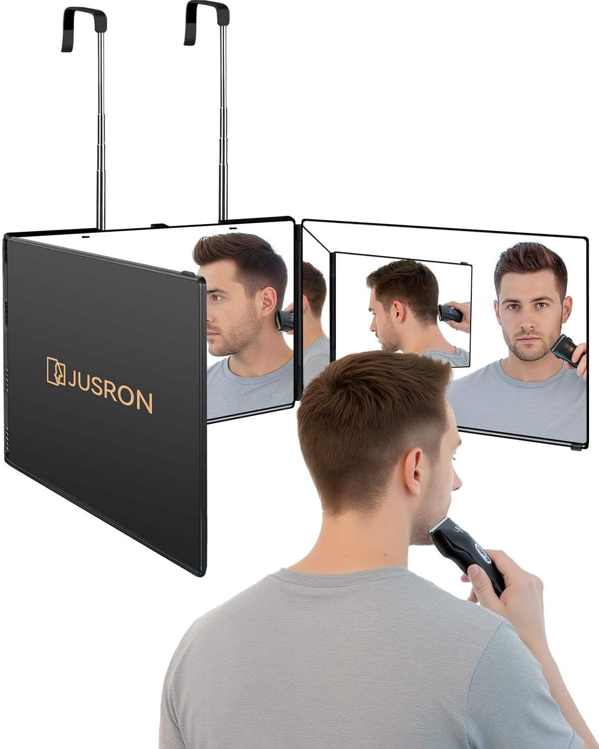 JUSRON 360 Grad Spiegel zum Aufhängen - Klappspiegel 3 Teilig Spiegel Haare Selbst Schneiden, Höhenverstellbarer Kosmetikspiegel Rasierspiegel Friseurspiegel für Makeup Rasieren Frisieren-Ohne LED Schwarz Ohne Accessoire 18L x 29.4B cm Angebot bei HelloDeals