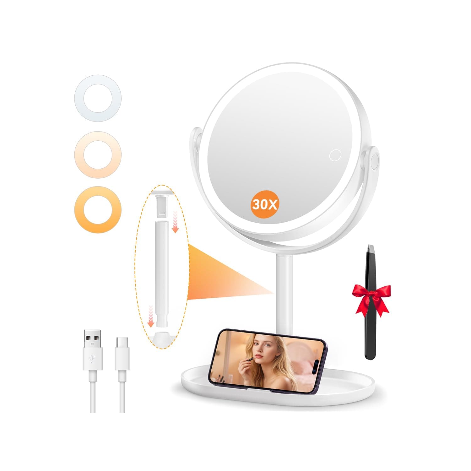 Auxmir Kosmetikspiegel mit Beleuchtung, 30X Doppelseitig Vergrößerungsspiegel mit Licht, 8" Dimmbar 3 Lichtfarben 64 LED Schminkspiegel, 360° Drehbar & Abnehmbar für Bad & Reise Angebot bei HelloDeals