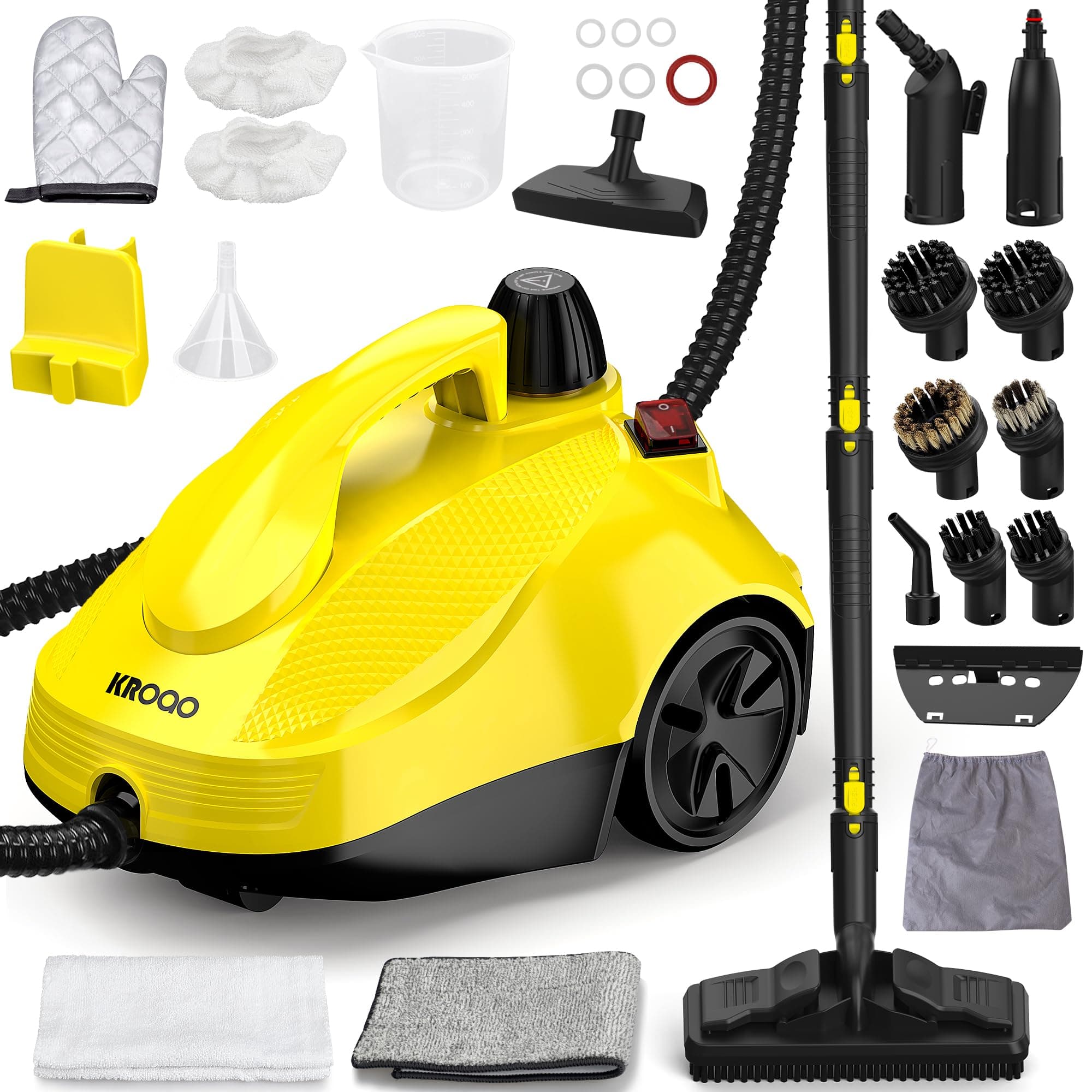 Dampfreiniger, fünf Meter langes Netzkabel, geeignet für die Reinigung von Backöfen, Sofas, Polstermöbeln und Spielzeug, mit 23 Zubehörteilen für eine effektive Fleckenentfernung. Gelb Angebot bei HelloDeals