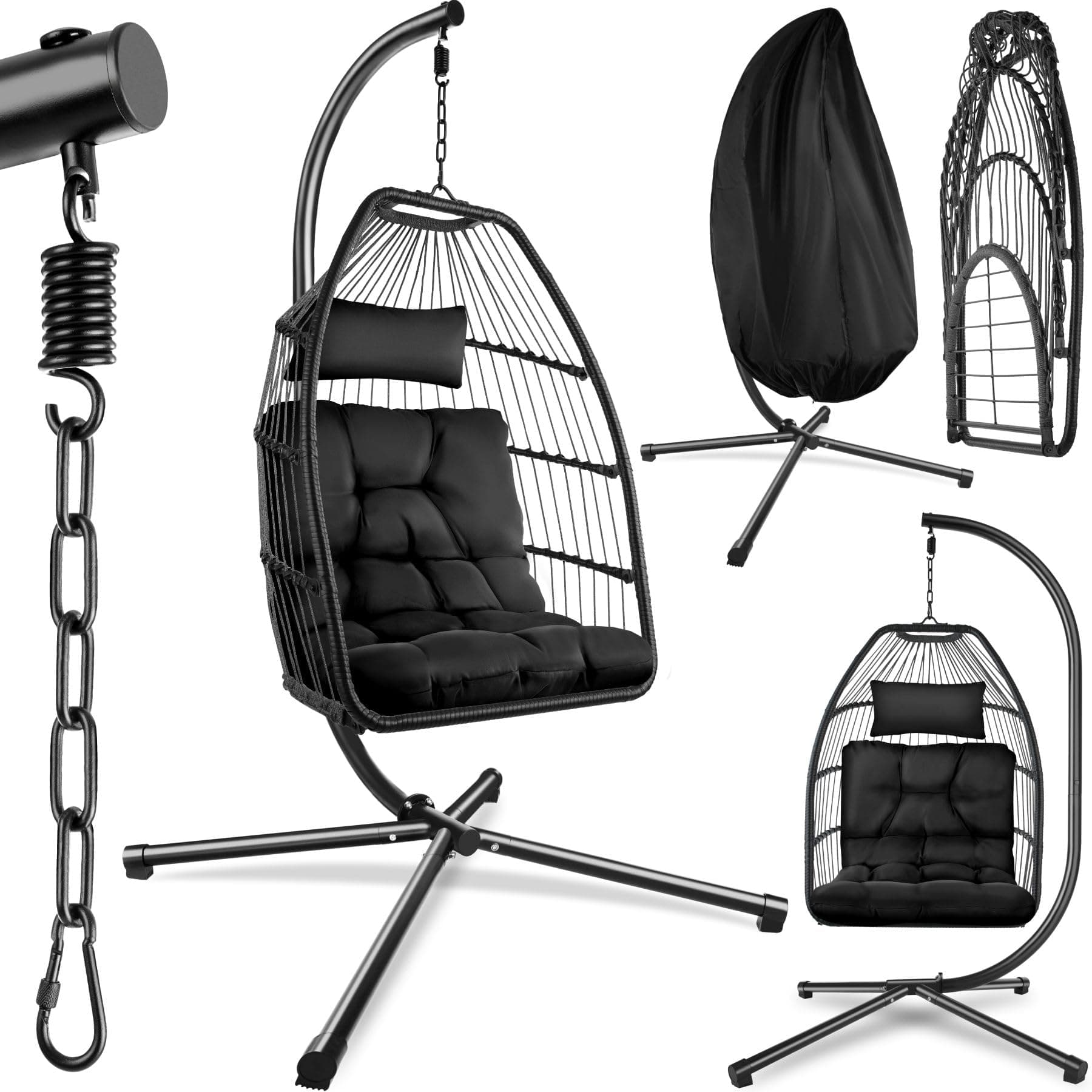 tectake® Hängesessel mit Gestell, Dicke Kissen, Möbel, Deko für Wohnzimmer, Jugendzimmer, Balkon, Outdoor oder Indoor Schaukel Sessel, Kinder & Erwachsene, belastbar bis 160kg - schwarz Angebot bei HelloDeals