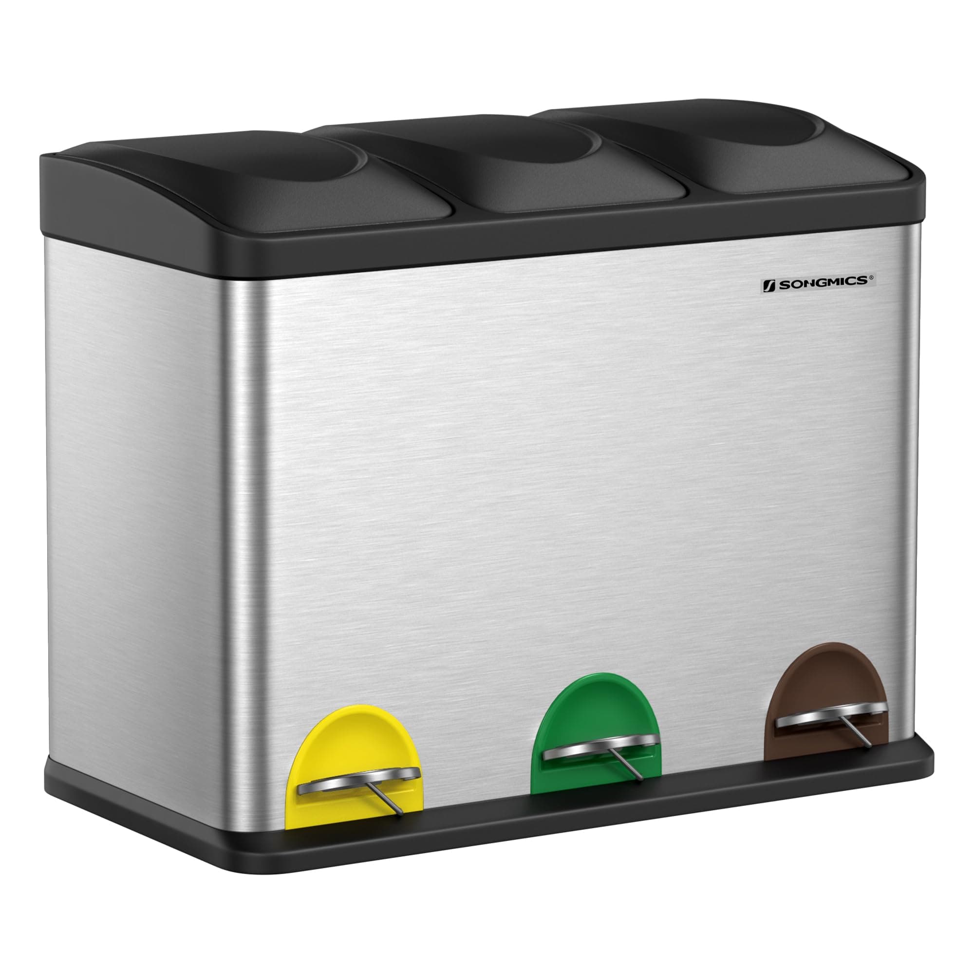 SONGMICS Mülleimer Küche, Mülltrennsystem 3 Fächer, Abfalleimer, 45 Liter Treteimer aus Metall, 3 x 15 Liter, Tretmülleimer mit Deckel, Stahl, metallisches Silber-tintenschwarz LTB45L 3 x 15 L Silber + tintenschwarz Angebot bei HelloDeals