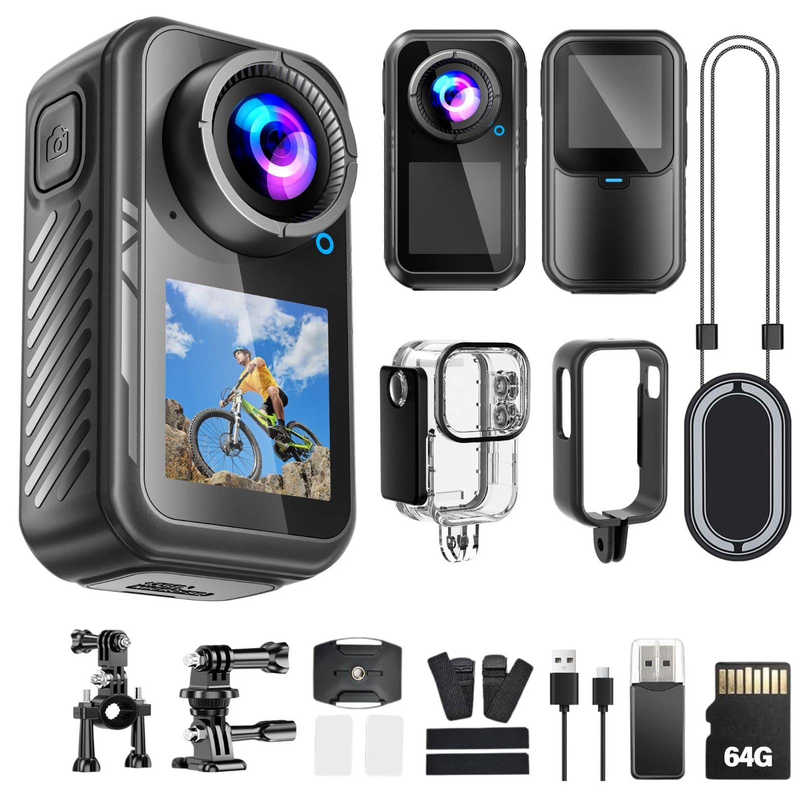 Action Kamera Mini 4K Dual Touchscreen 64G Magnetische Halterung 130° Weitwinkel Wasserdicht Voraufnahme WiFi Steuerung POV Kamera Tragbar für Motorrad, Radfahren, Skifahren, Schwimmen Angebot bei HelloDeals