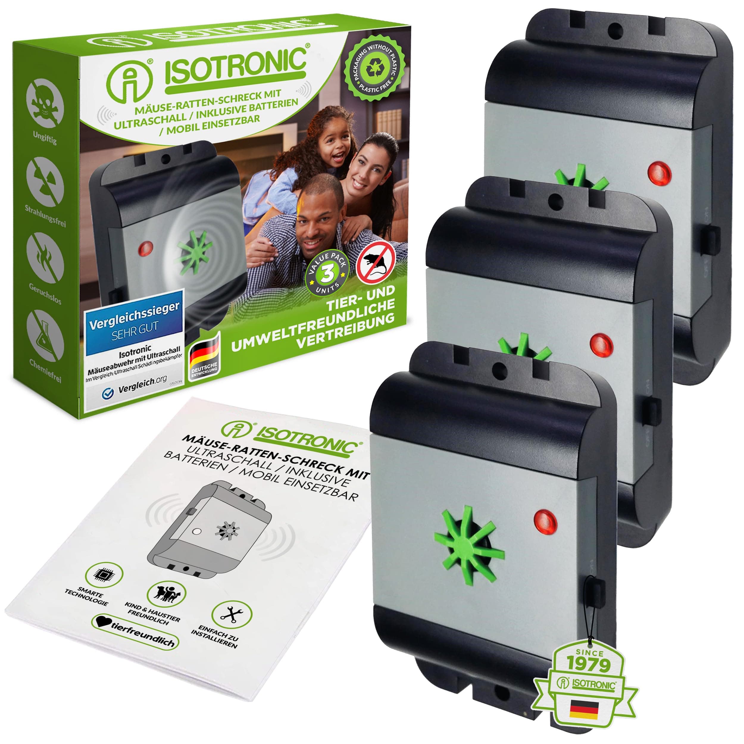 ISOTRONIC Ultraschall Mäuseabwehr zum Mäuse & Ratten vertreiben – Schädlingsvertreiber für Dachboden, Keller, Garage & Garten – Mäuseschreck ohne Gift & Mausefalle – 40m² Wirkungsbereich (3 Stück) Angebot bei HelloDeals