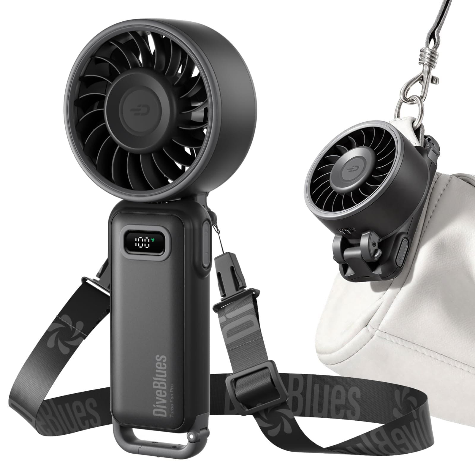 Diveblues - Handventilator Akku Aufladbar - 100 Stunfen Mini Ventilator Leistungsstarker Luftstrom mit Turbo-Technologie, 4 in 1 Tragbarer Ventilator 180° Faltbarer Bis zu 12 Stunden Kühlung Schwarz Angebot bei HelloDeals