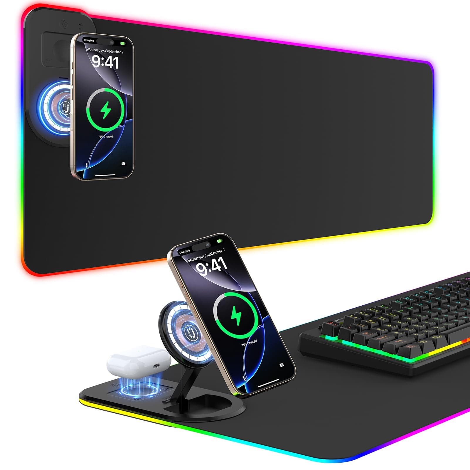 RGB Gaming Mauspad 15W Qi Mousepad LED 800x350x4mm 10 Beleuchtungsmodi mit 10W Schnellladung Qi Kabelloses Laden für I-Phone 13/13 Pro Handy, Kopfhörer, Wasserdicht, rutschfest (Schwarz-Ständer) Angebot bei HelloDeals
