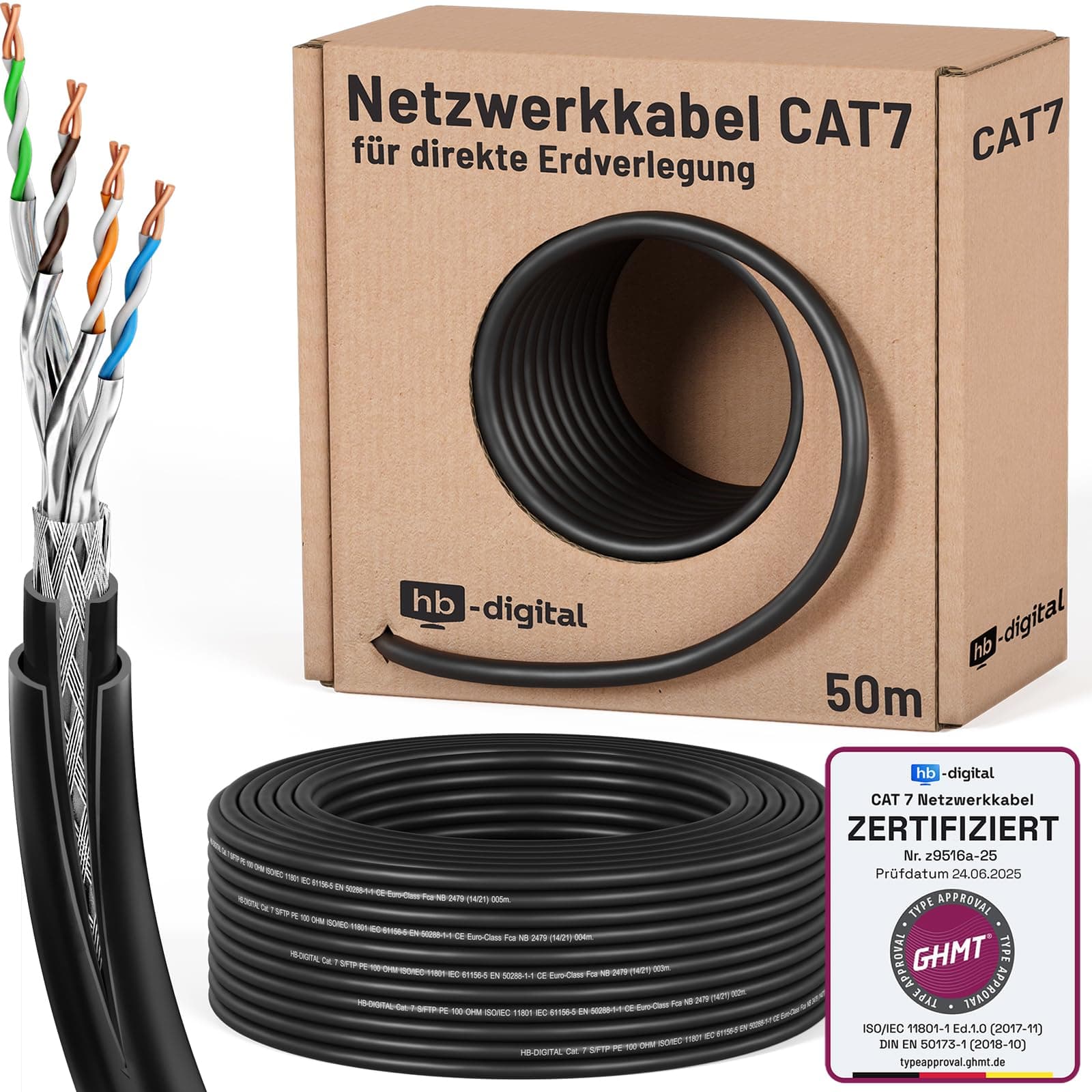 HB-DIGITAL 50m CAT 7 Outdoor Netzwerkkabel für direkte Erdverlegung -GHMT Zertifiziert- S/FTP AWG23 reines Kupfer Doppelmantel PVC + LLDPE PoE 10Gbit/s Ethernet Kabel für Außenbereich - Schwarz 50m Erdkabel Angebot bei HelloDeals