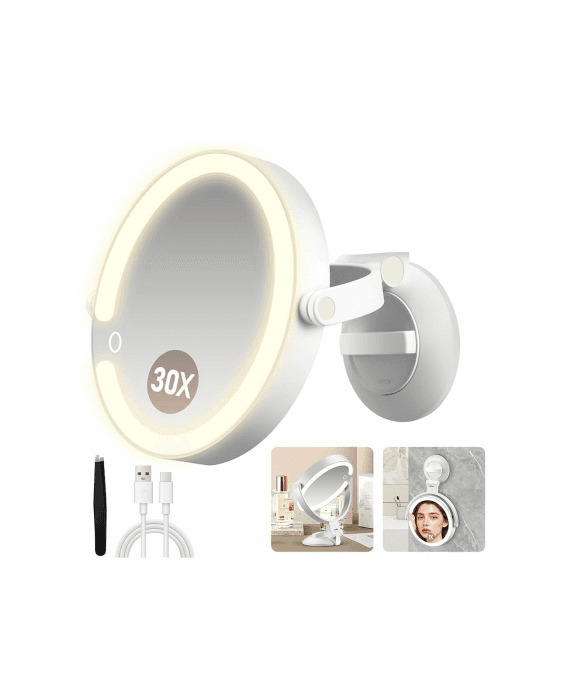 MOMOKUBA Vergrößerungsspiegel mit Saugnapf 30 Fache, Doppelseitiger Kosmetikspiegel mit Beleuchtung, EIN Badezimmerspiegel mit 3 Beleuchtungsmodi Eignet Sich, Schminkspiegel für Zimmer und Badezimmer Weiß Angebot bei HelloDeals