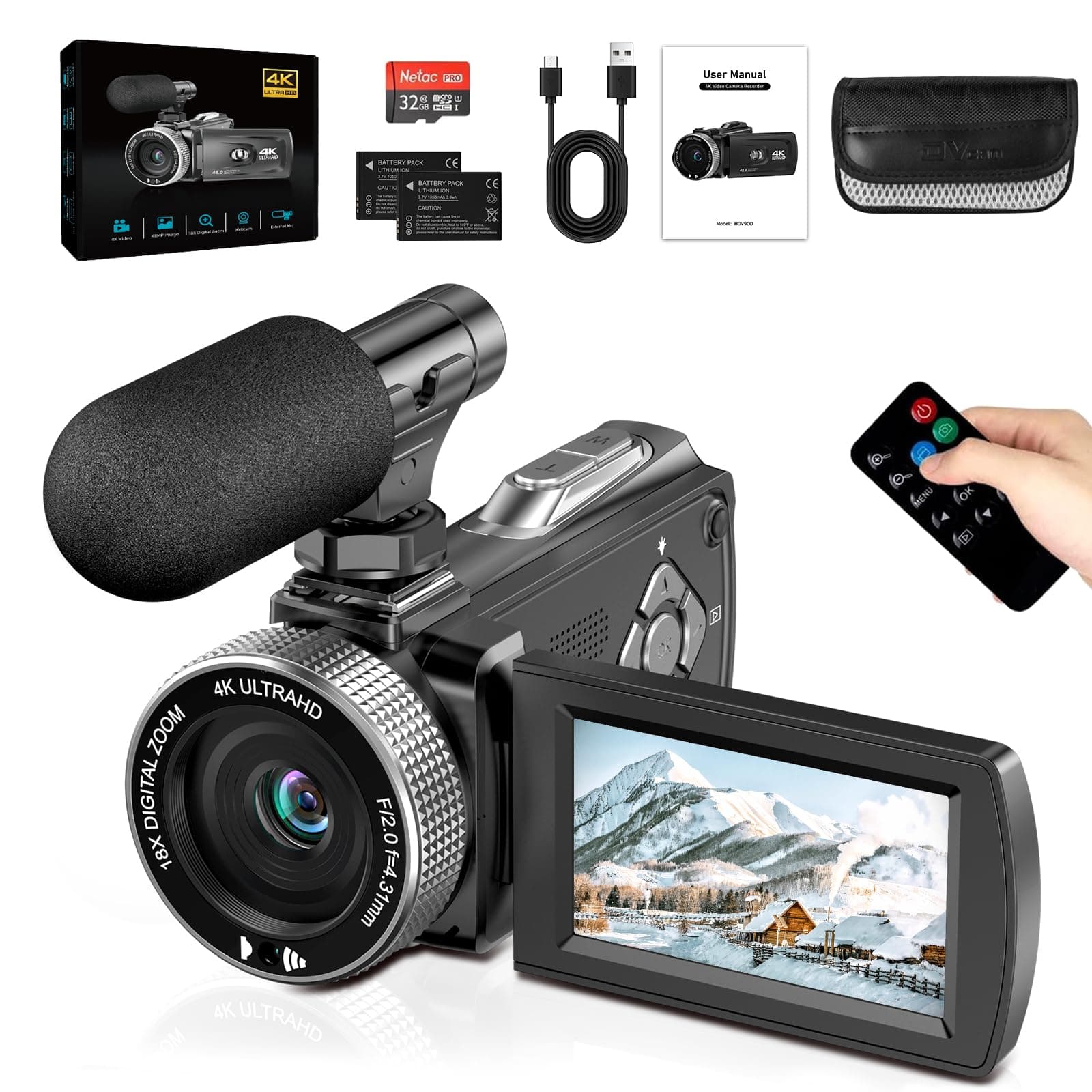 Videokamera 4K 48MP Camcorder 18X Digital Zoom Vlogging Kamera mit LED-Fülllicht für YouTube, 3.0'' 270°Drehbarer Screen Video Kamera mit Externem Mikrofon, Fernbedienung, 2 Batterien (32 GB Karte) HDV900-2 Angebot bei HelloDeals