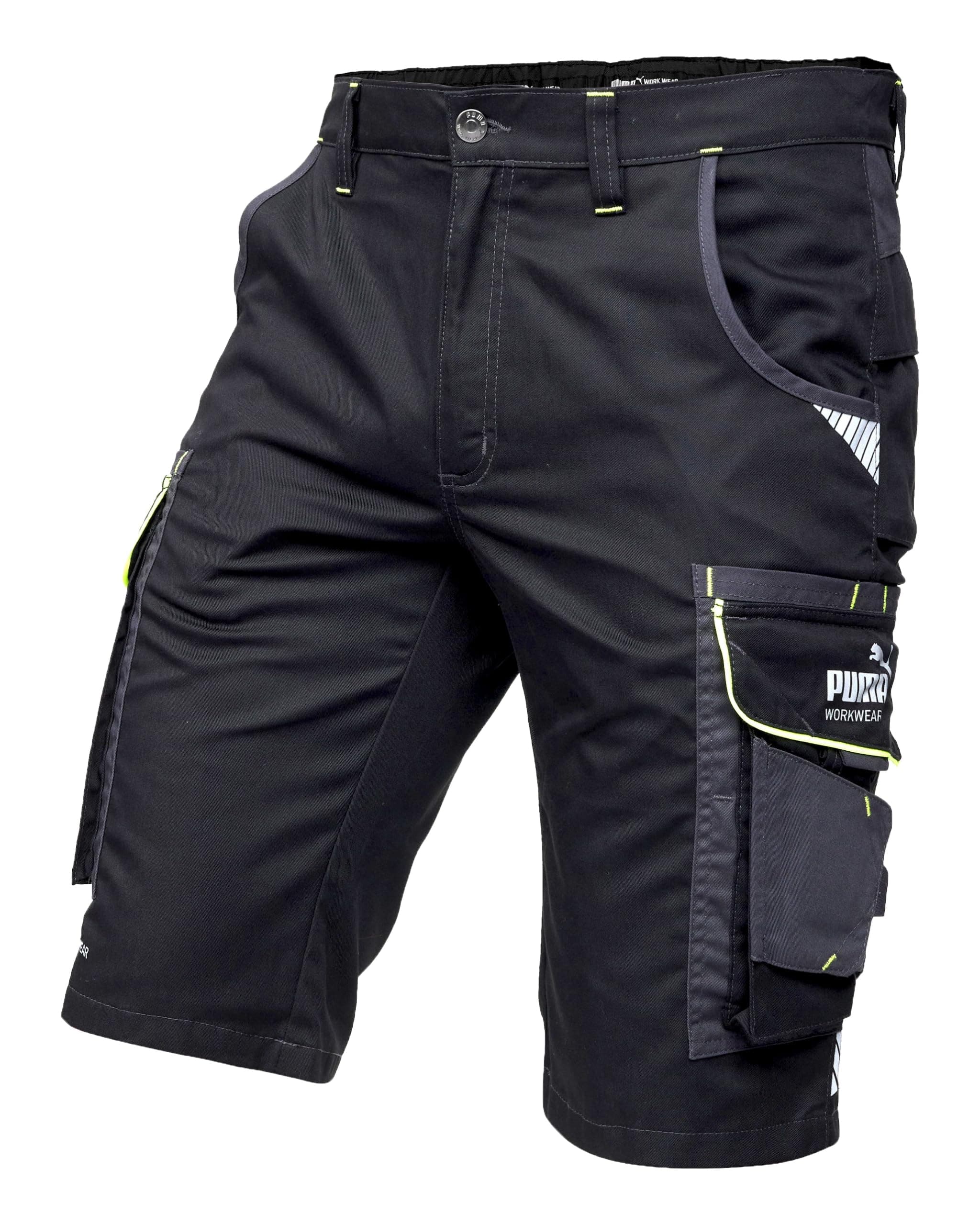 PUMA Workwear Precision X Arbeitsshorts - Kurze Arbeitshose Herren - Robustes, Flexibles Material - Viele Taschen und Reflektoren - Bequeme Passform - Ideal für Handwerk Heimwerk und Baugewerbe Schwarz-neon 52 Angebot bei HelloDeals